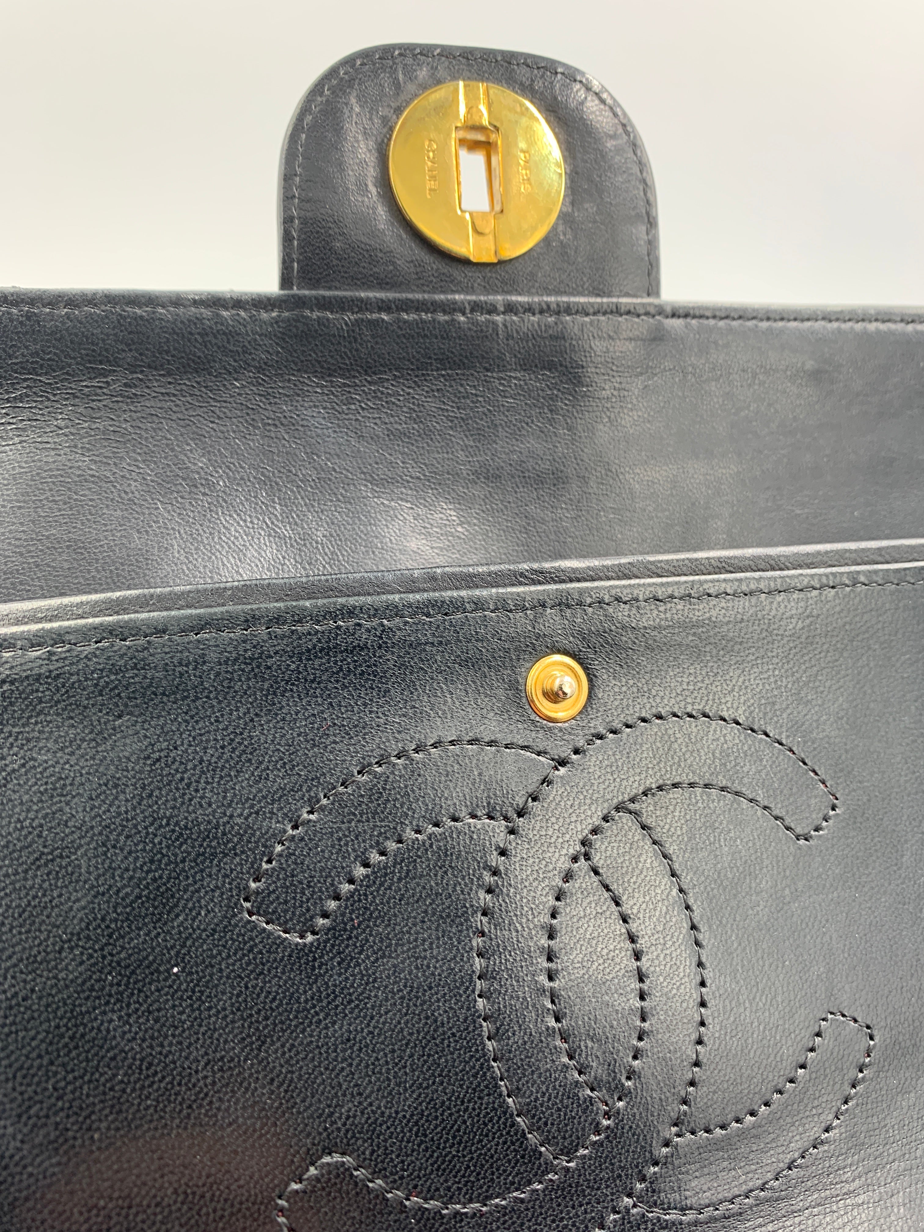 CHANEL MATELASSE TURN LOCK DOUBLE FLAP BLK ON BLCK GOLD HARDWARE