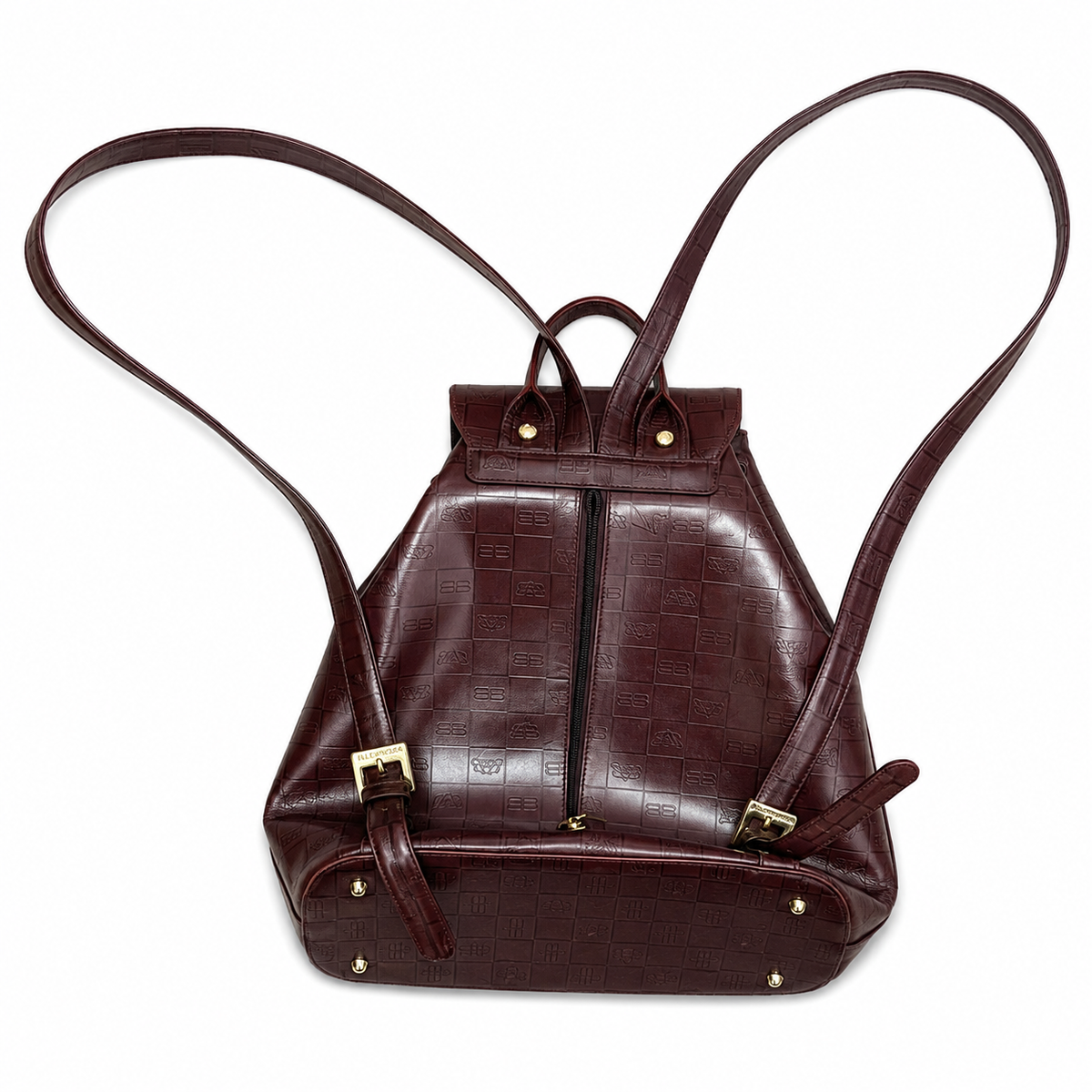 Vintage Balenciaga Monogram BB Logo Embossed Leather Drawstring Backpack - Burgundy