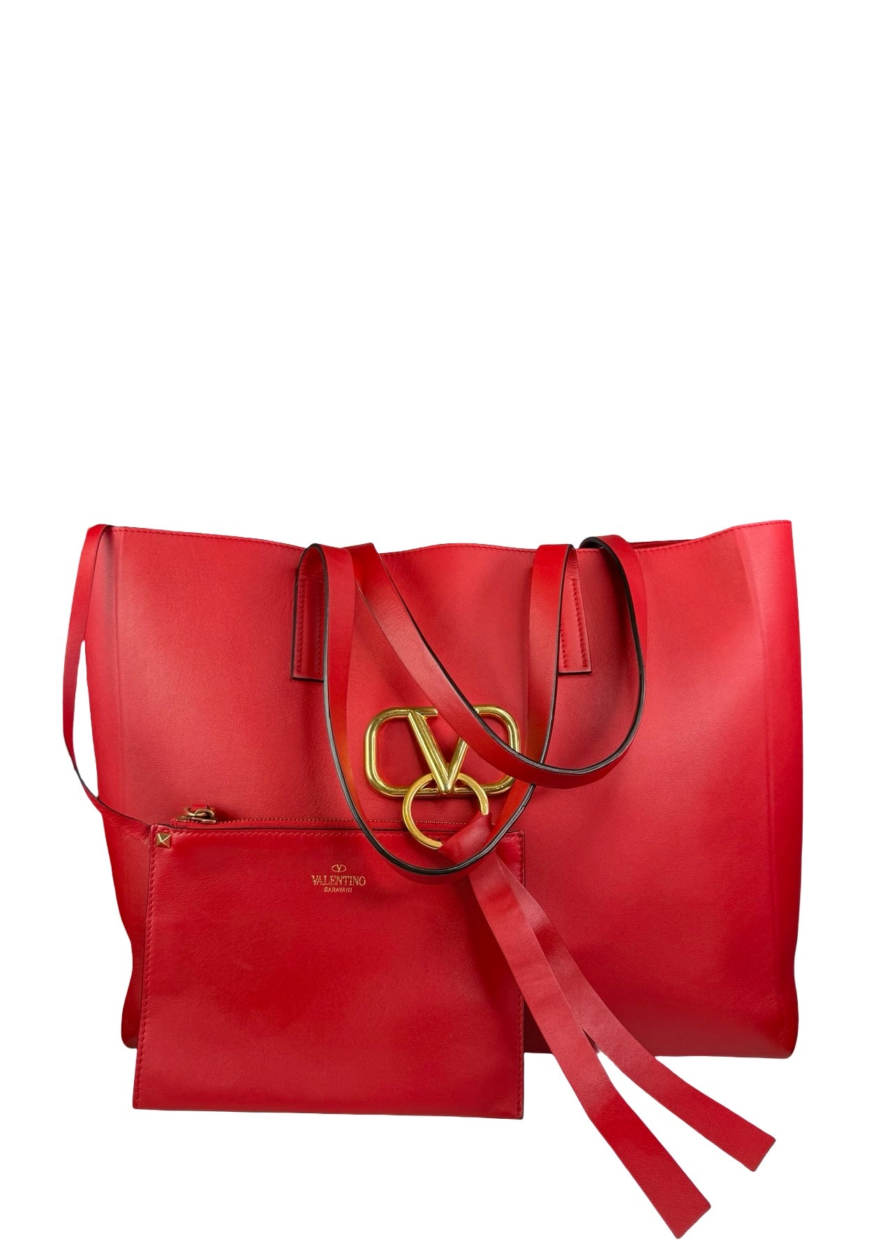 AUTHENTIC VALENTINO Red Calfskin Leather Vring Large Tote Bag