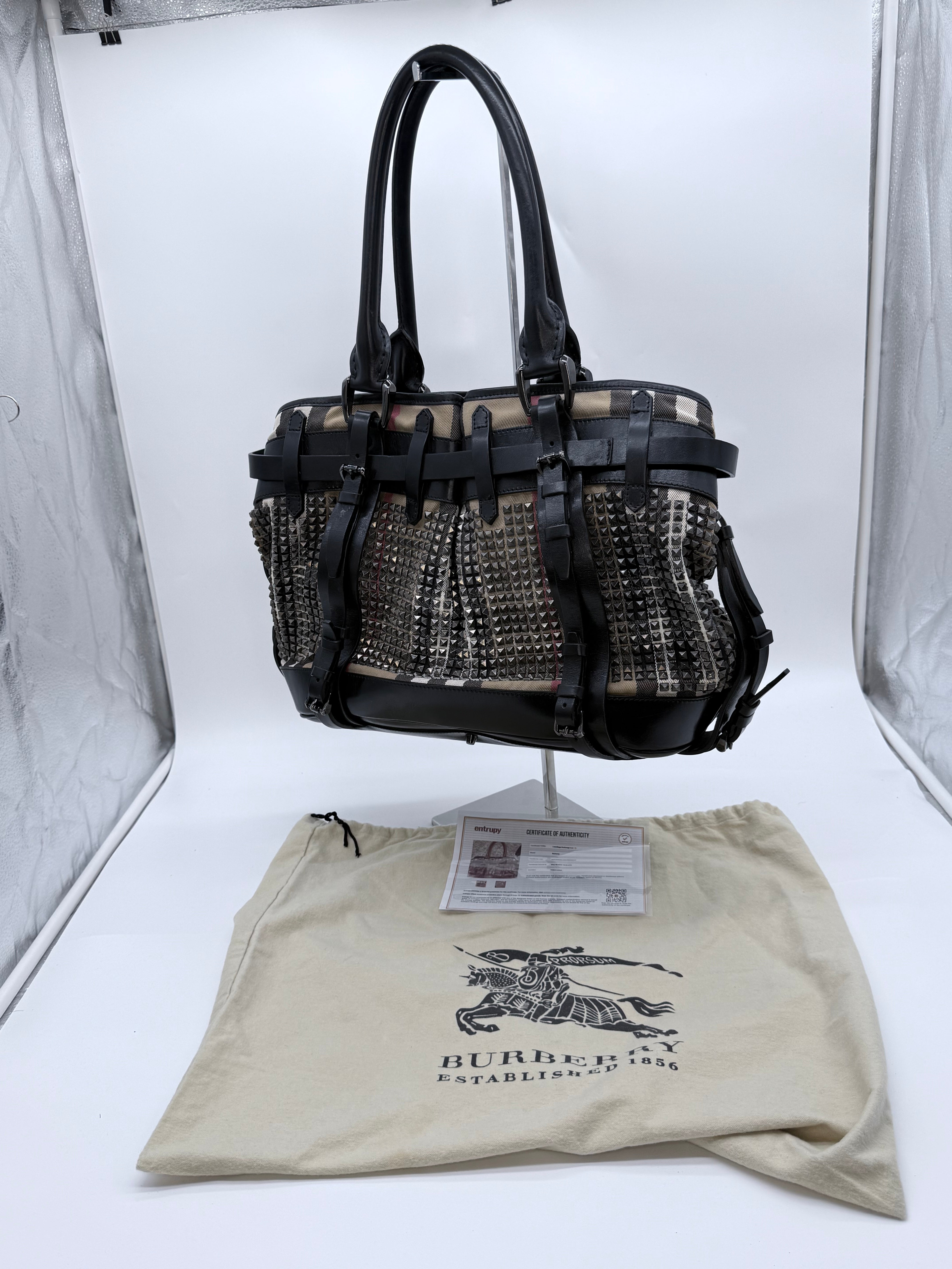 Burberry Prorsum Studded Nova Check Buckle Tote Bag – Black Leather & Canvas