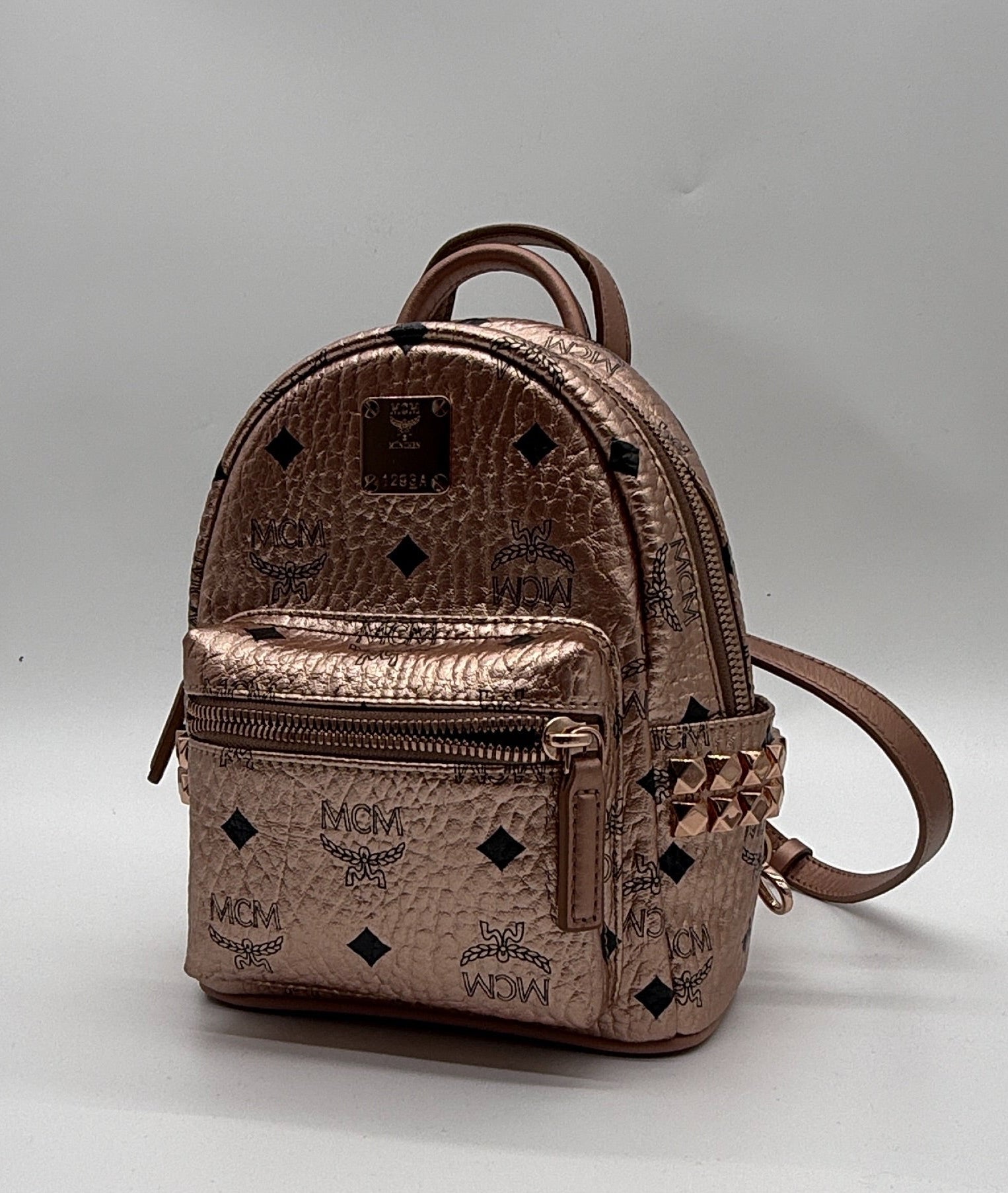 MCM Stark Mini Backpack – Rose Gold Visetos Coated Canvas | Full Set
