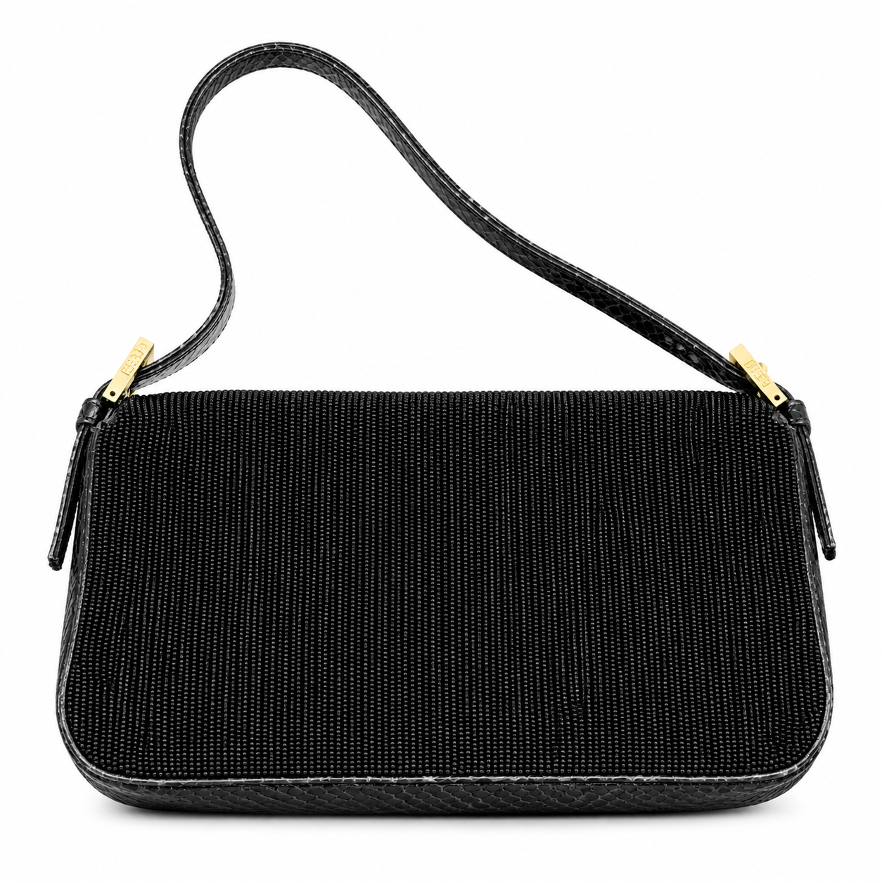 FENDI VINTAGE BAGUETTE, BLACK BEADED FABRIC AND PYTHON TRIM