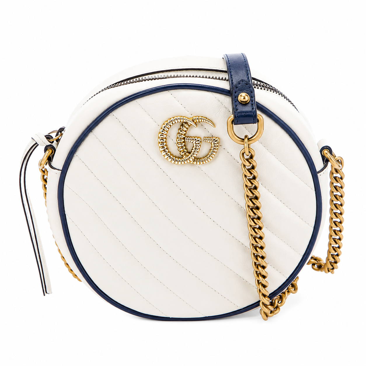 GUCCI GG Marmont Round Shoulder Bag Diagonal Quilted in white Leather Mini crossbody bag.