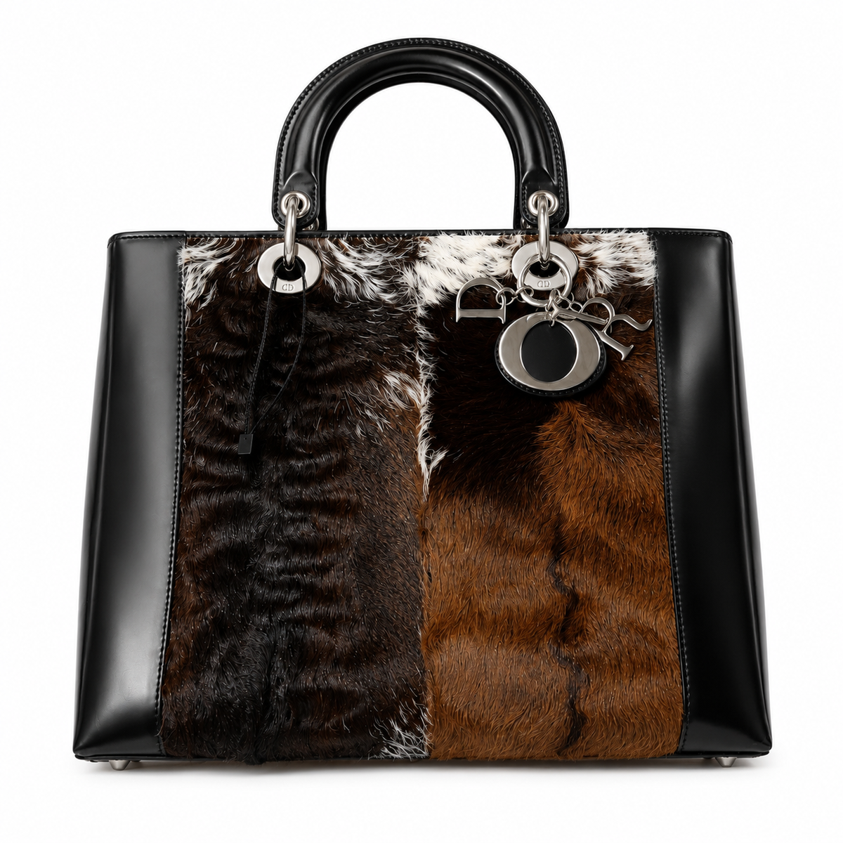 LADY DIOR Patent Pony Hair Deer Print Large in Black