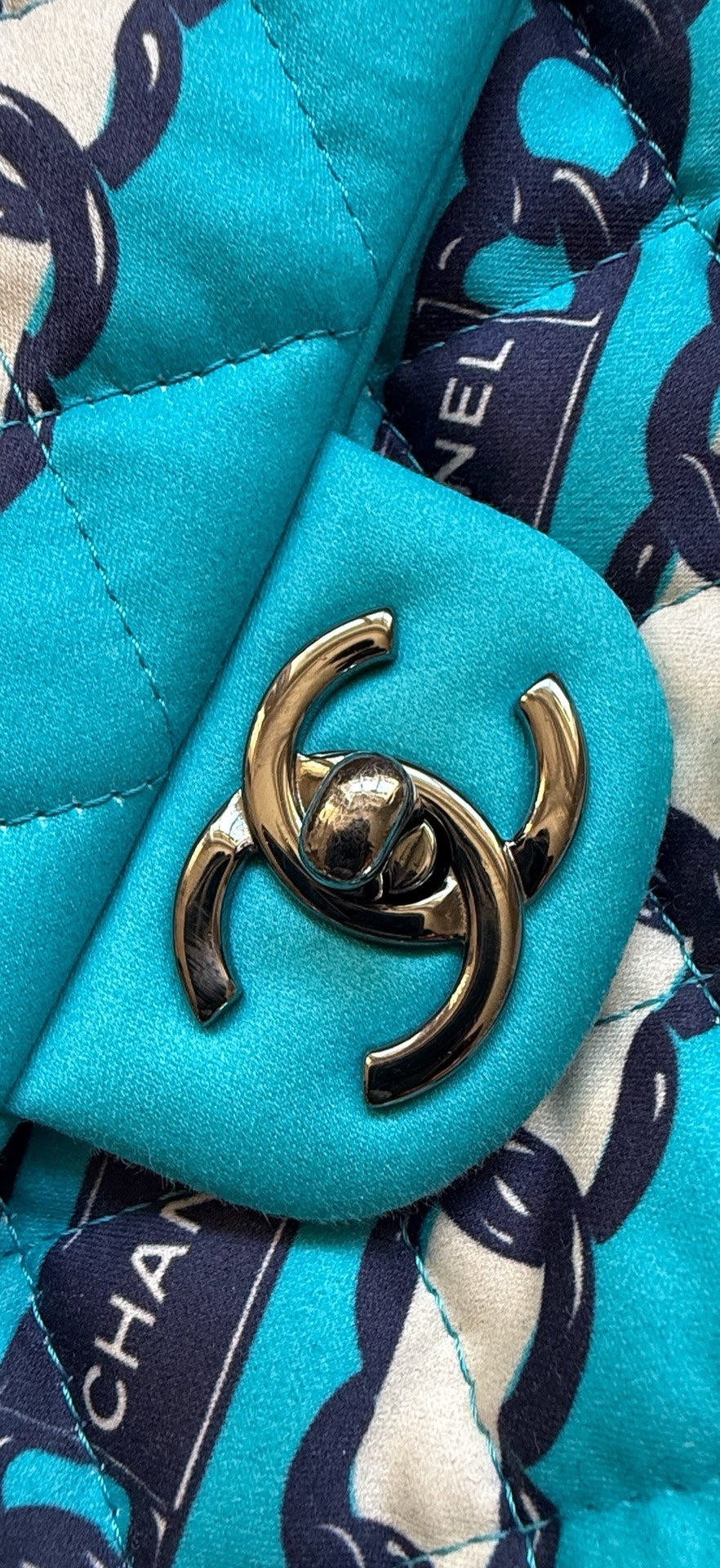 CHANEL Chain Print Quilted Satin Flap Shoulder Bag – Turquoise Blue