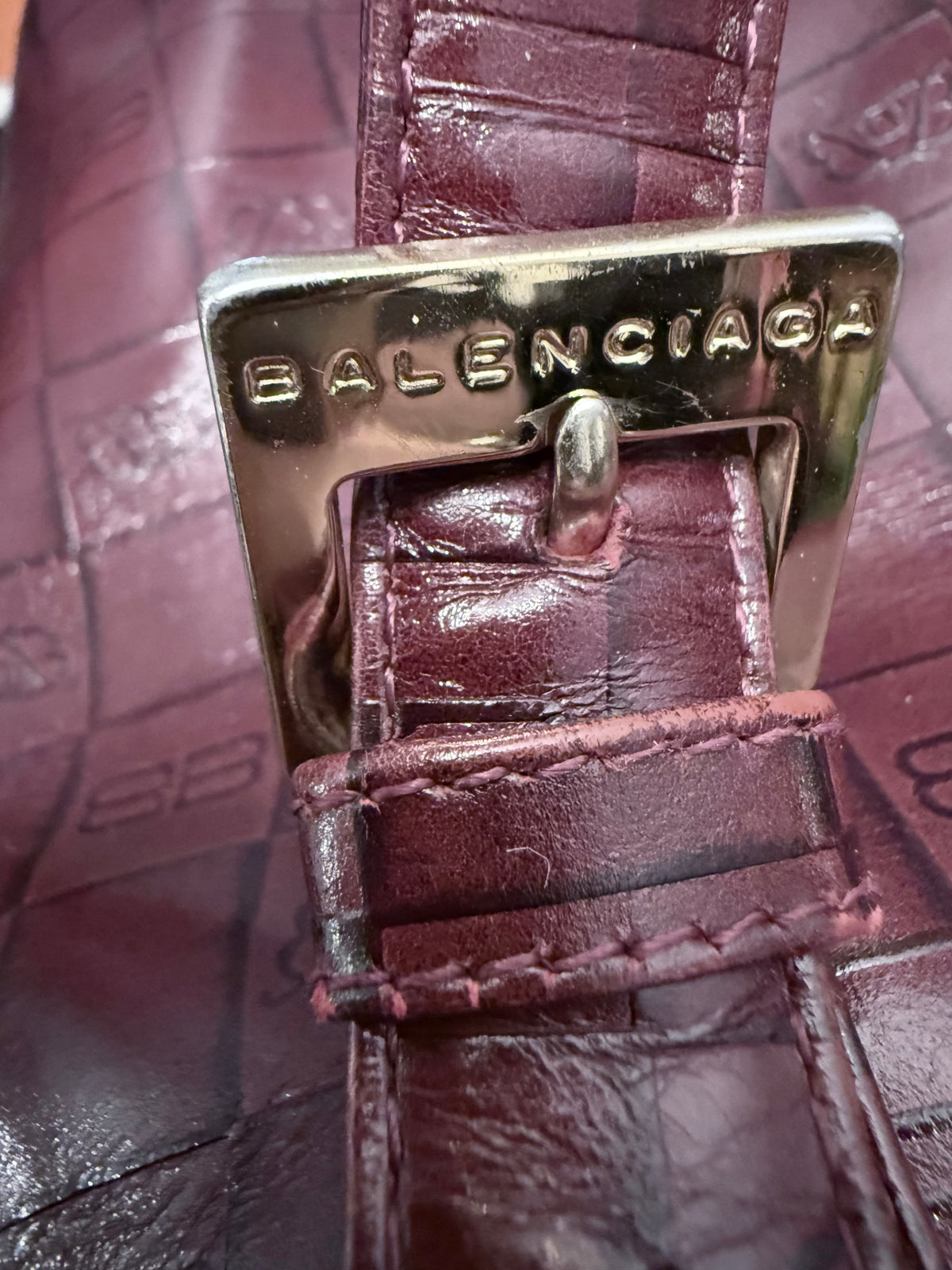 Vintage Balenciaga Monogram BB Logo Embossed Leather Drawstring Backpack - Burgundy