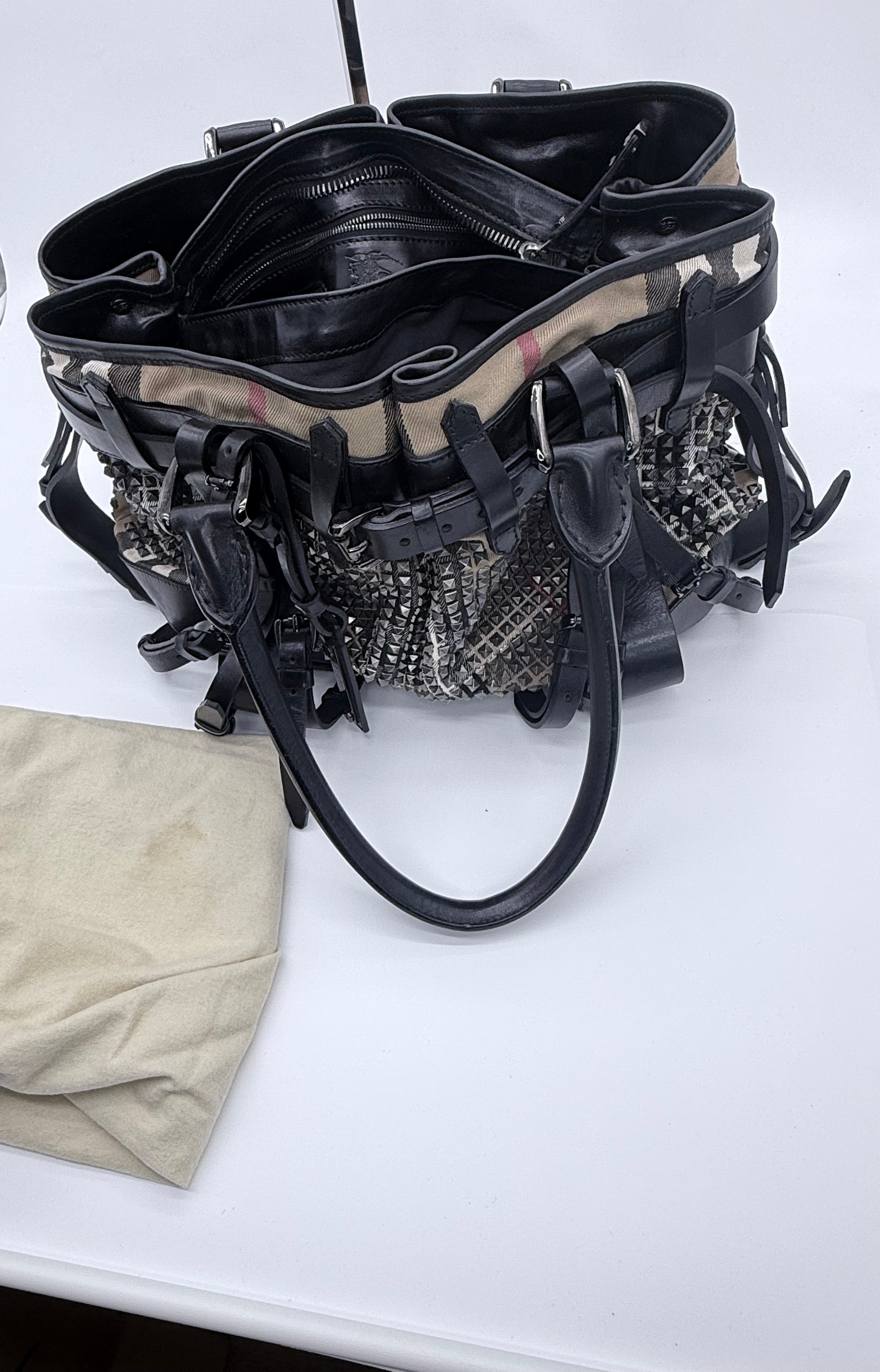 Burberry Prorsum Studded Nova Check Buckle Tote Bag – Black Leather & Canvas