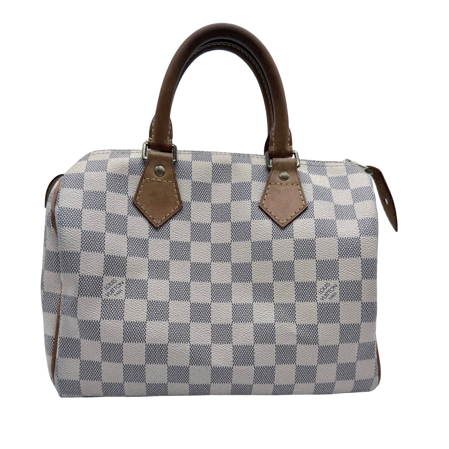 A Louis Vuitton Speedy bag in the Damier Azur canvas, featuring a blue and white checkered pattern with brown leather handles and trim, shown against a plain white background.