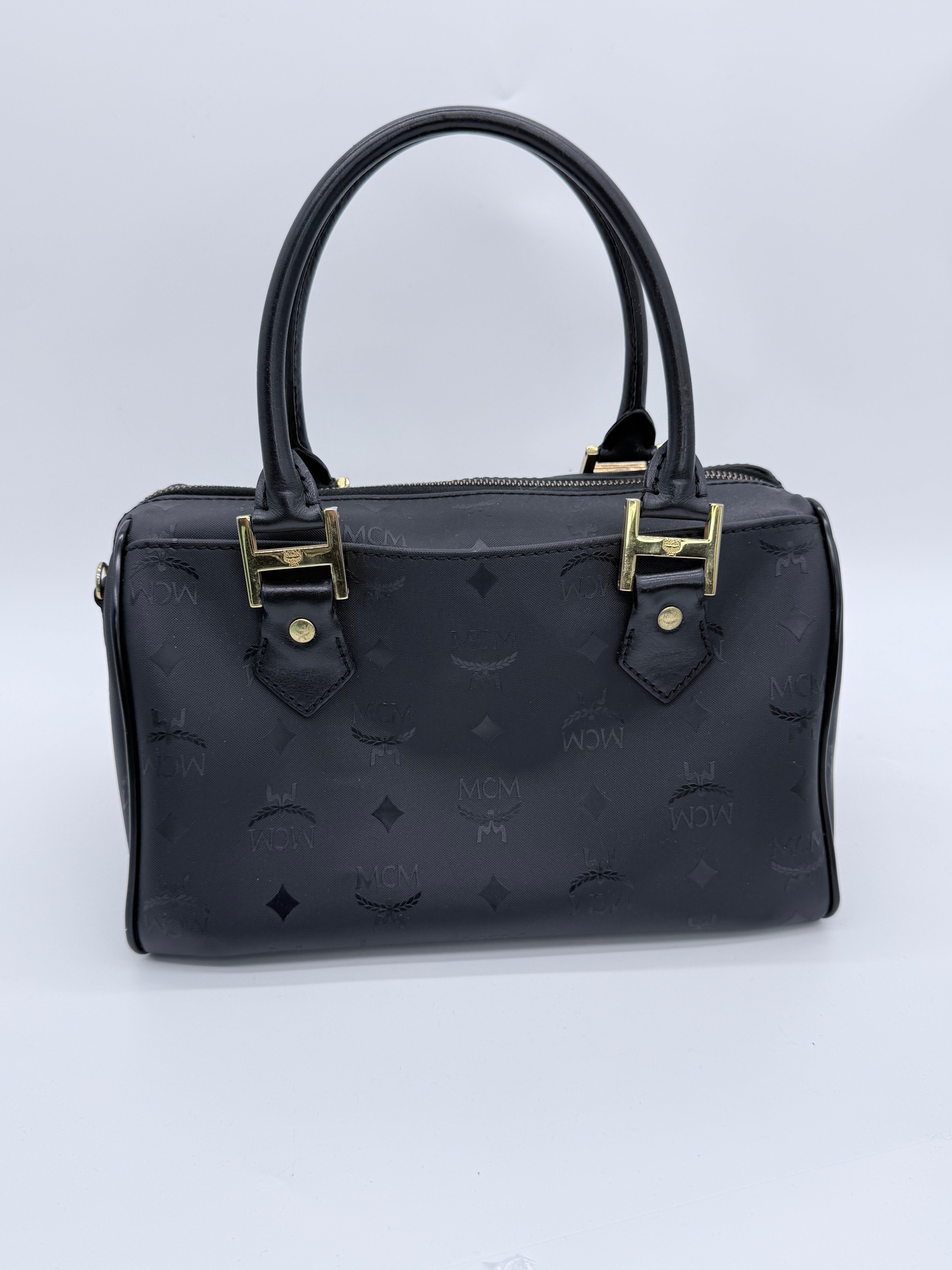 MCM Visetos Boston Satchel – Black Monogram Top Handle Bag