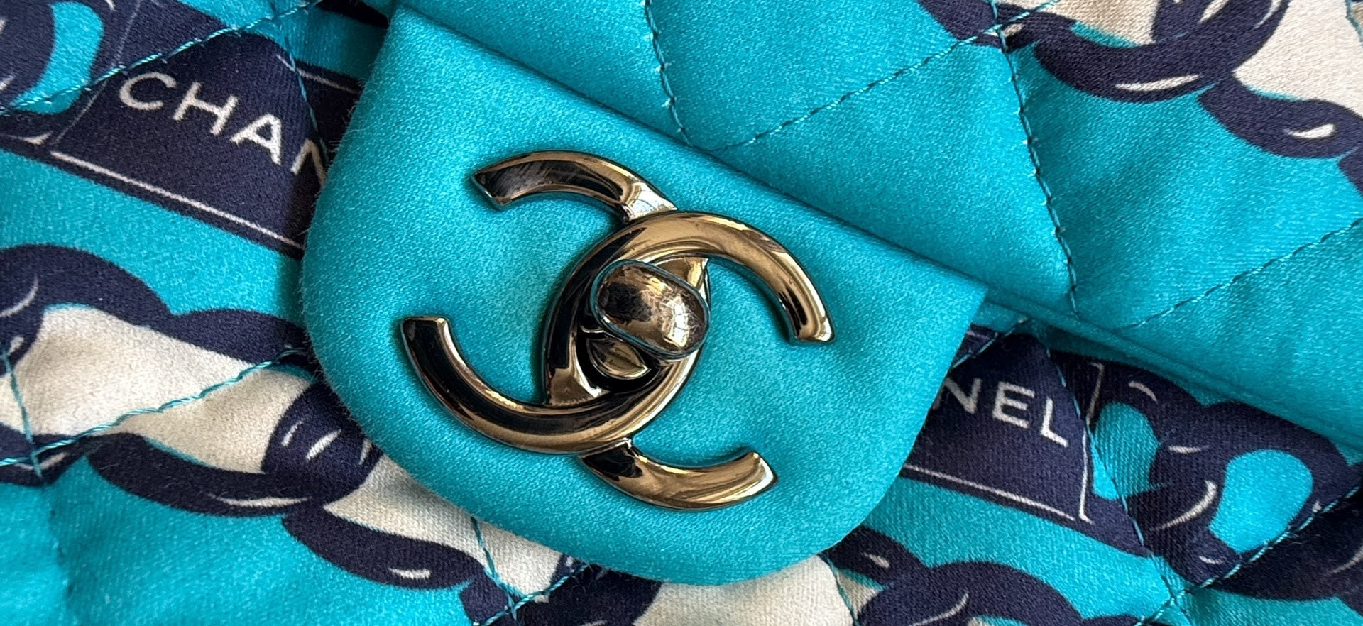 CHANEL Chain Print Quilted Satin Flap Shoulder Bag – Turquoise Blue