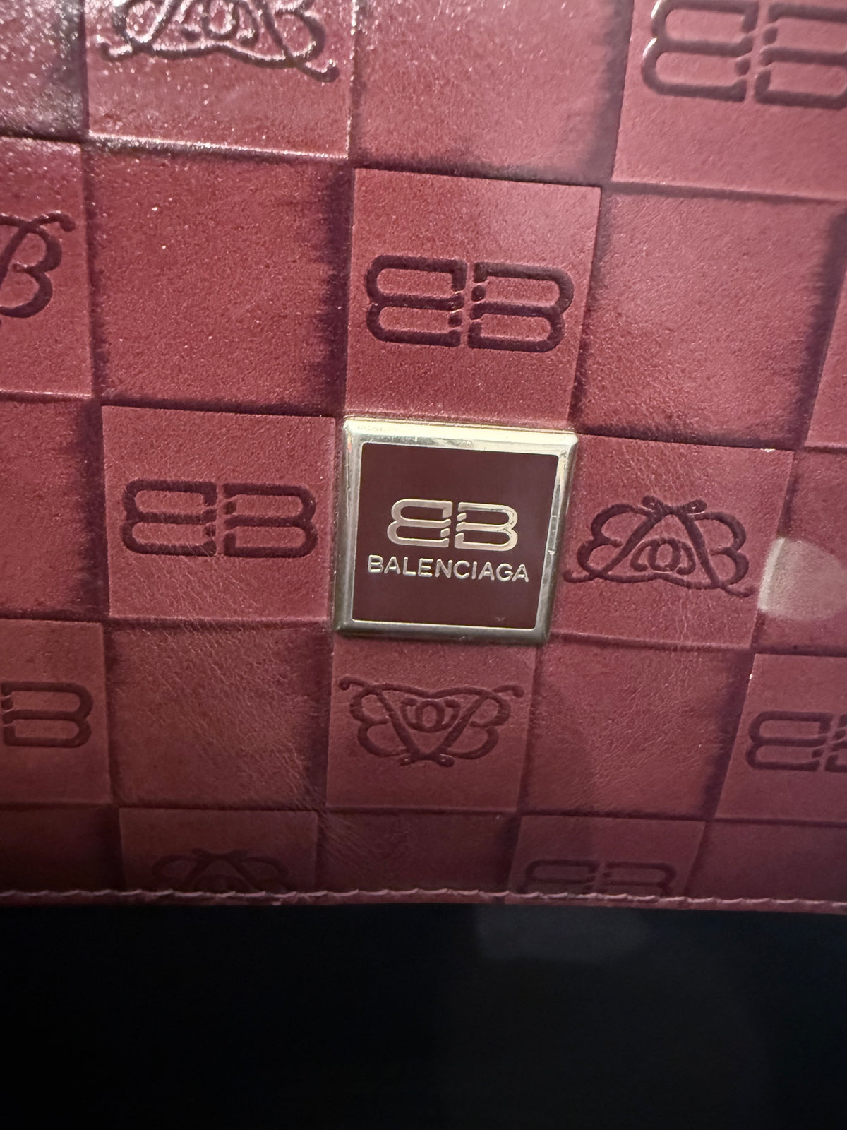 Vintage Balenciaga Monogram BB Logo Embossed Leather Drawstring Backpack - Burgundy
