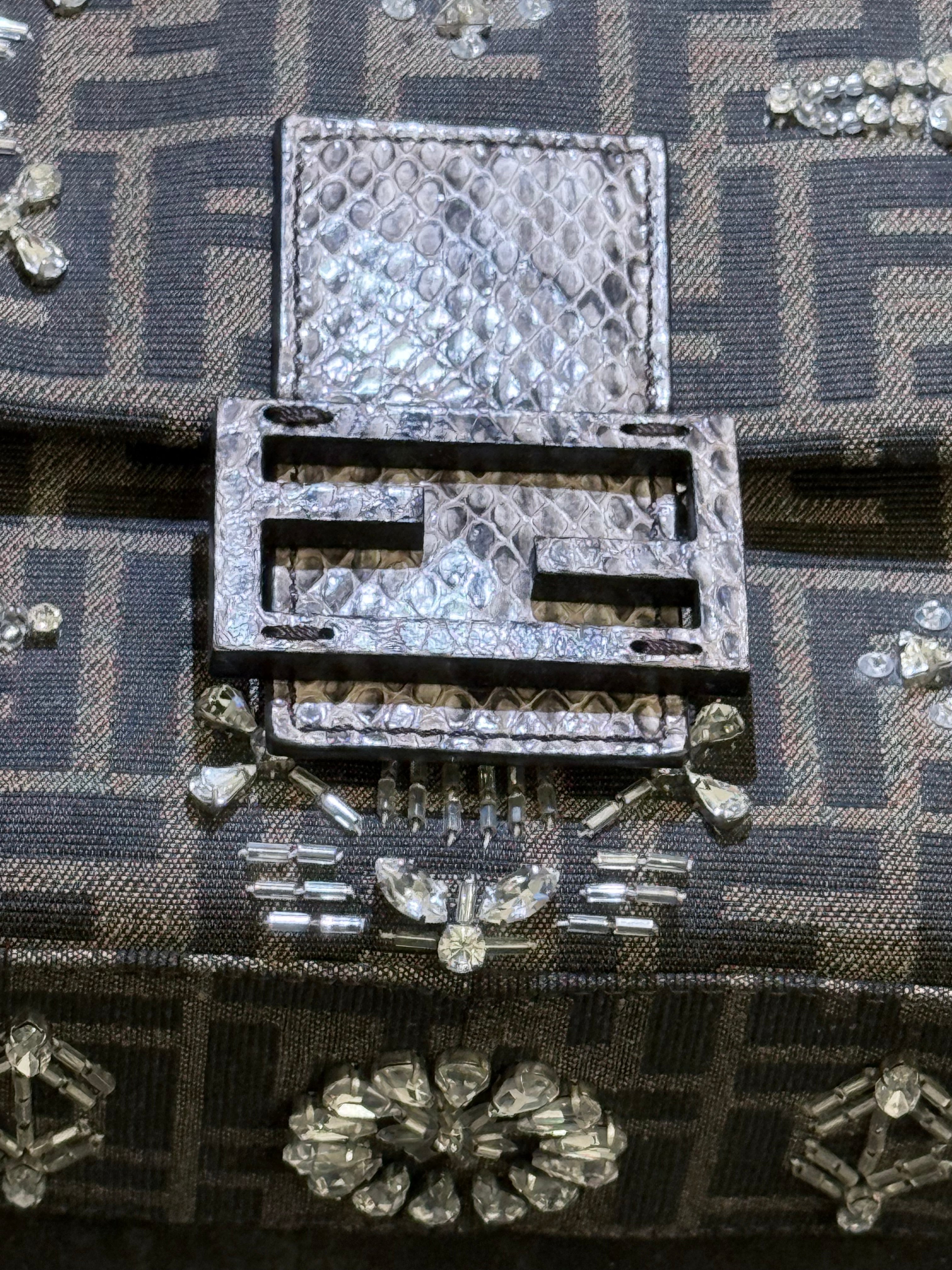 FENDI 1974 CRYSTAL EMBELLISHED BAGUETTE, ZUCCA CANVAS WITH PYTHON LEATHER TRIM AND STRAP