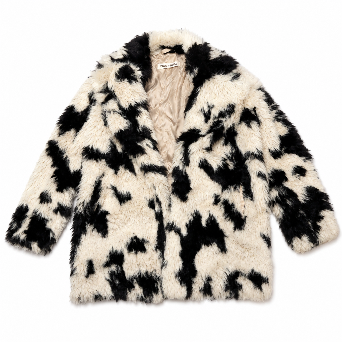 Free People Jade Spotted Faux Fur Coat | Black & Cream | Medium