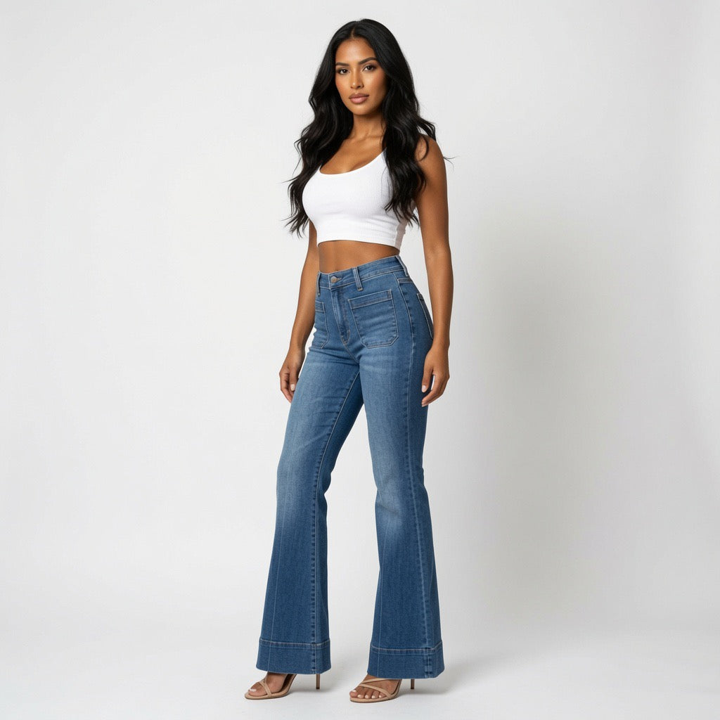 Free People We The Free High-Rise Patch Pocket Flare Jeans – Medium Wash Denim