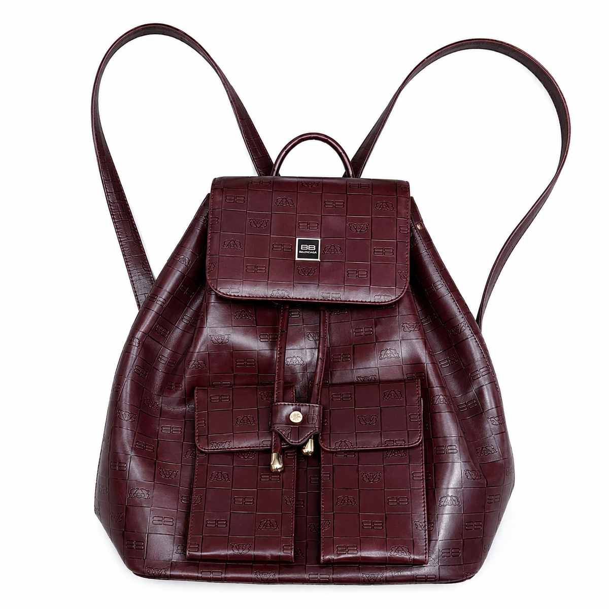 Vintage Balenciaga Monogram BB Logo Embossed Leather Drawstring Backpack - Burgundy