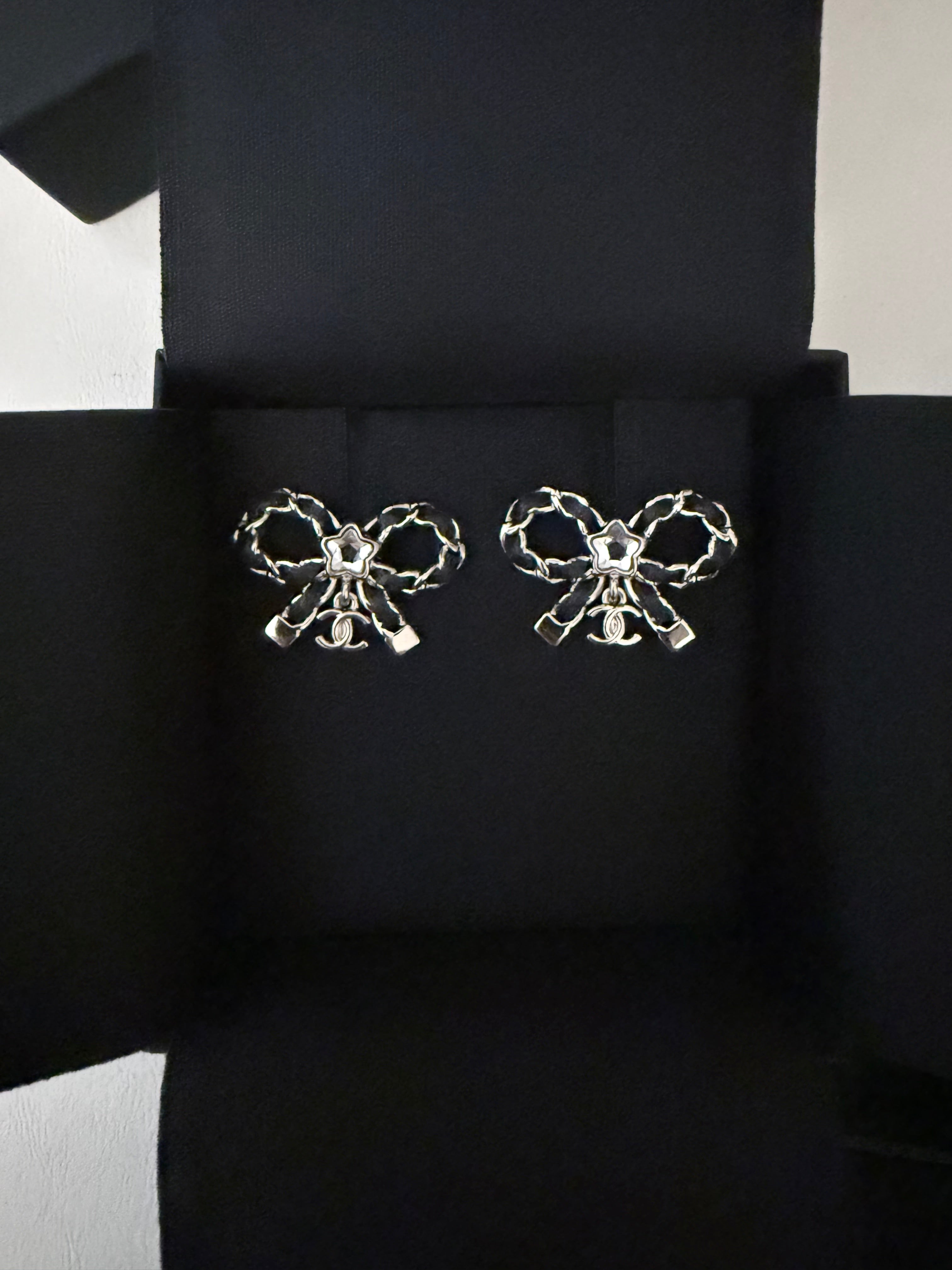 Chanel Interlaced Chain & Leather Bow earrings