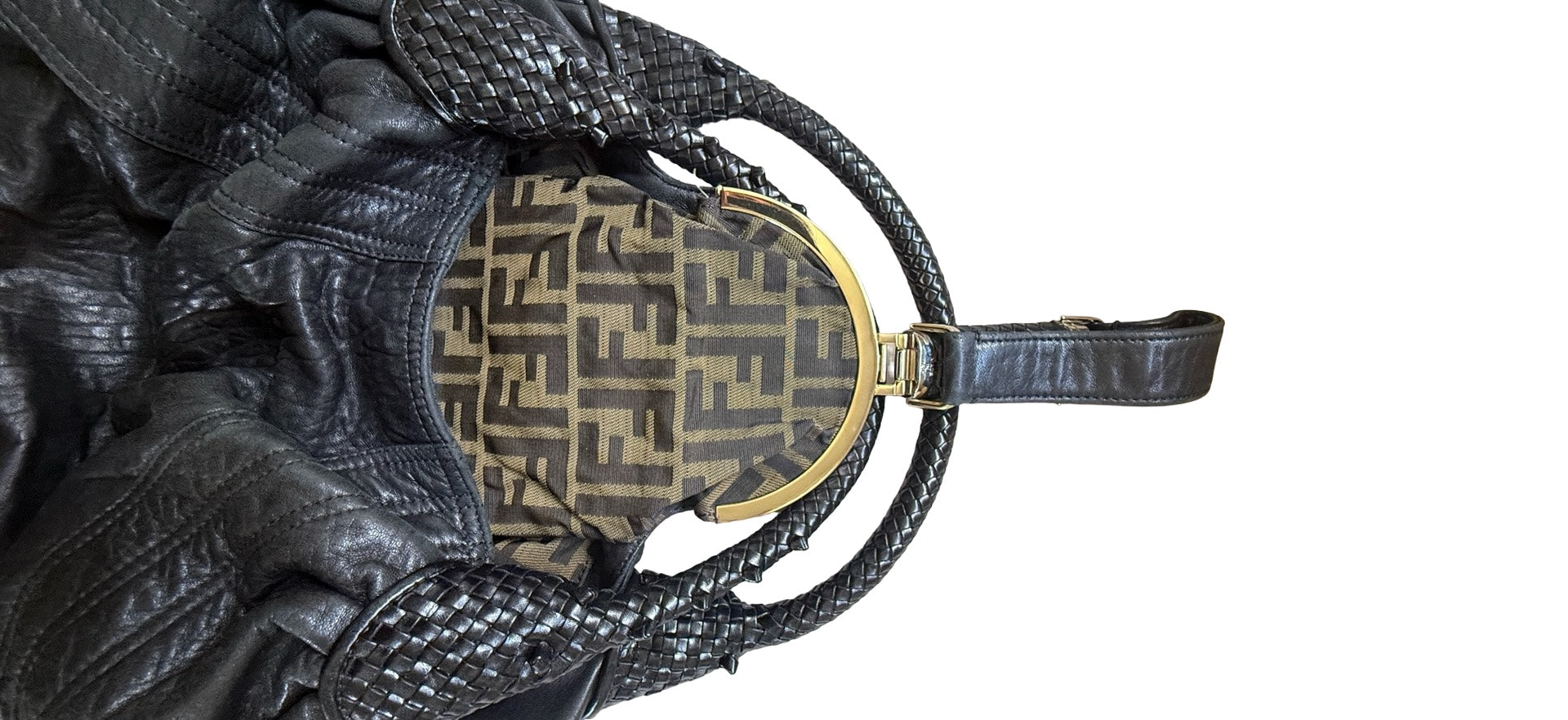 Fendi Spy Bag – Black Pebbled Leather with Woven Handles