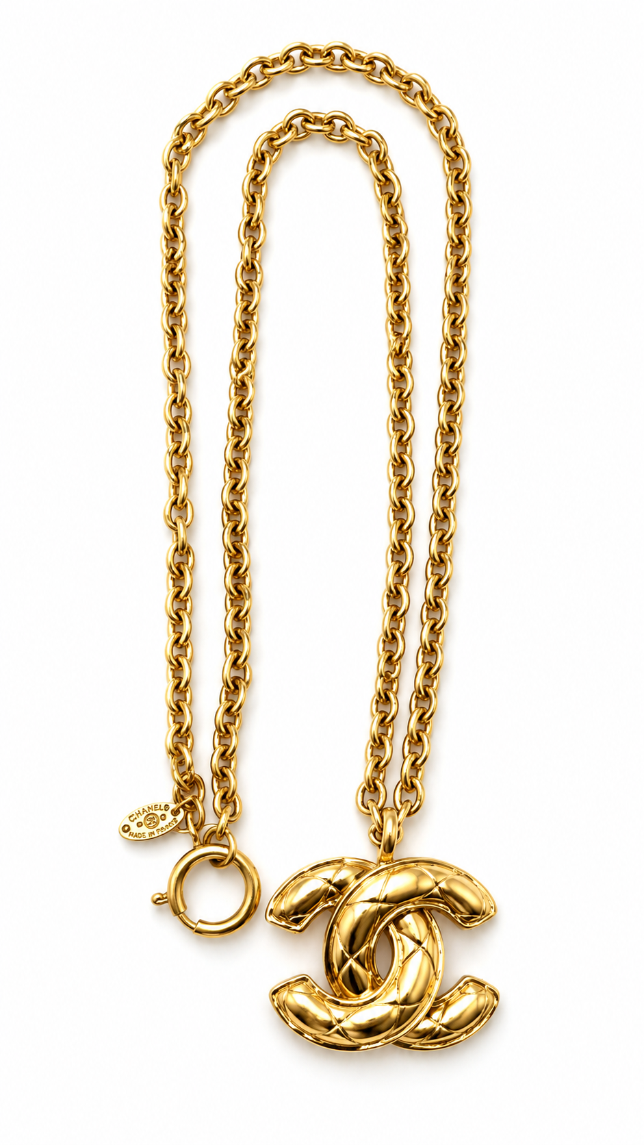 CHANEL VINTAGE GOLD-PLATED CC MATELASSÉ DESIGN PENDANT NECKLACE