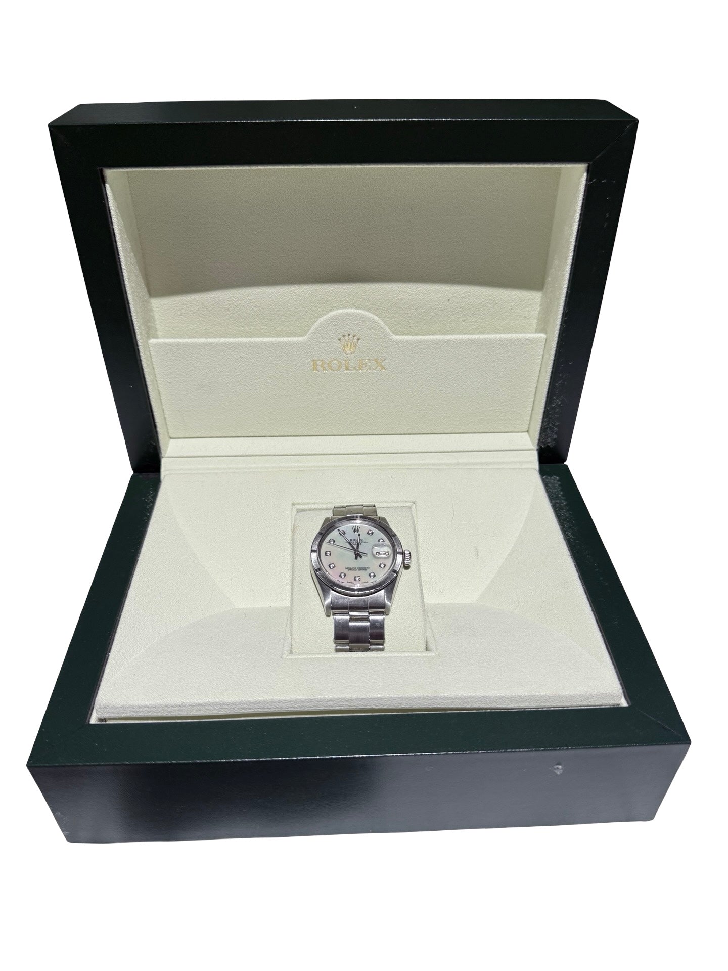 Rolex Oyster Perpetual Date 34mm – Mother of Pearl Diamond Dial With Box