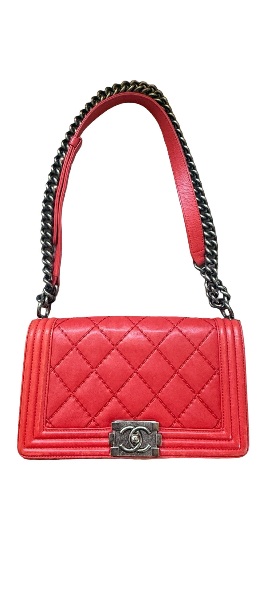 CHANEL Boy Flap Medium Bag – Red Quilted Lambskin with Ruthenium Hardware