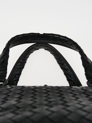 BOTTEGA VENETA 			Black Intrecciato Woven Calf Leather Top Handle Bag