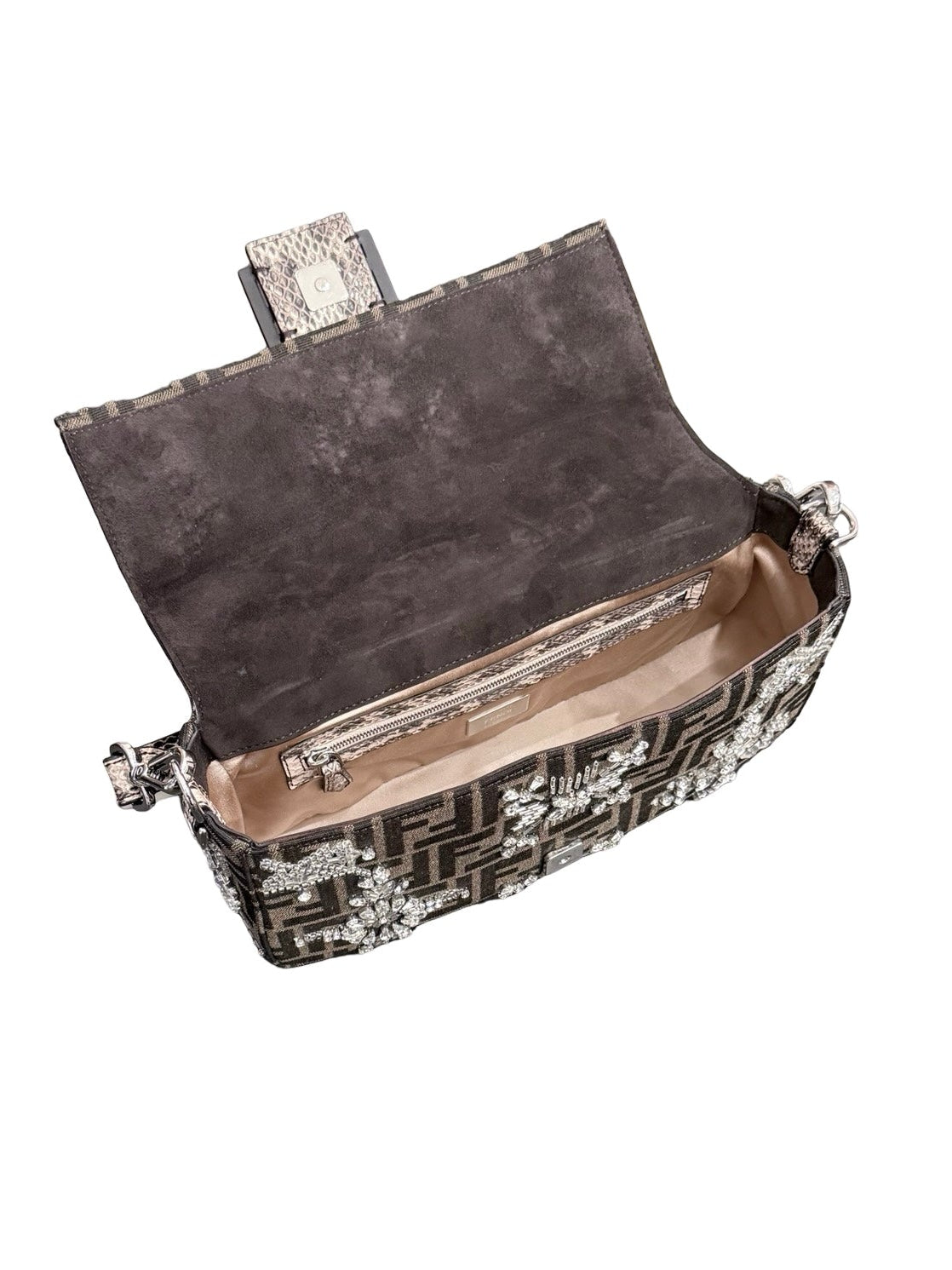 FENDI 1974 CRYSTAL EMBELLISHED BAGUETTE, ZUCCA CANVAS WITH PYTHON LEATHER TRIM AND STRAP