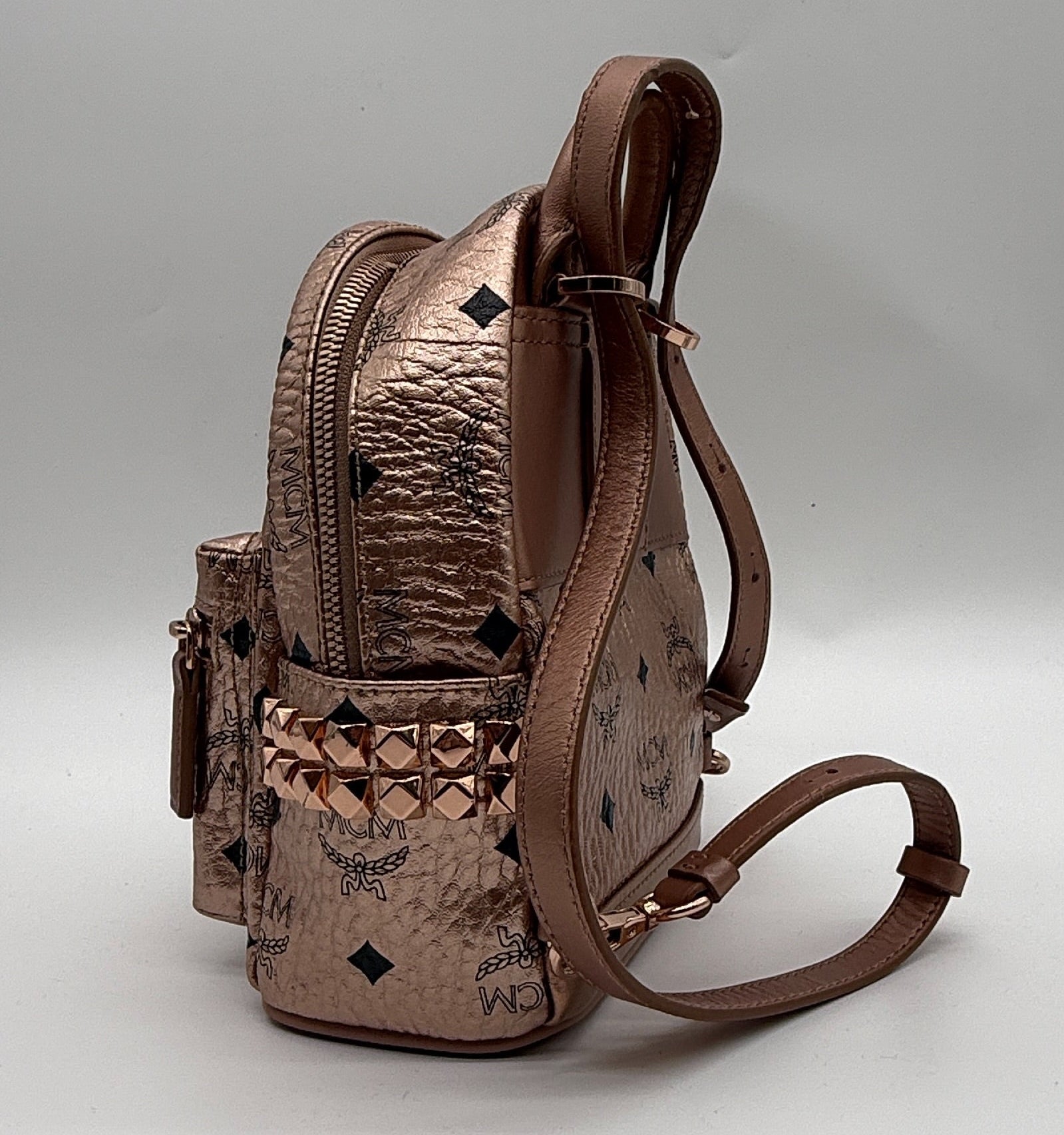 MCM Stark Mini Backpack – Rose Gold Visetos Coated Canvas | Full Set