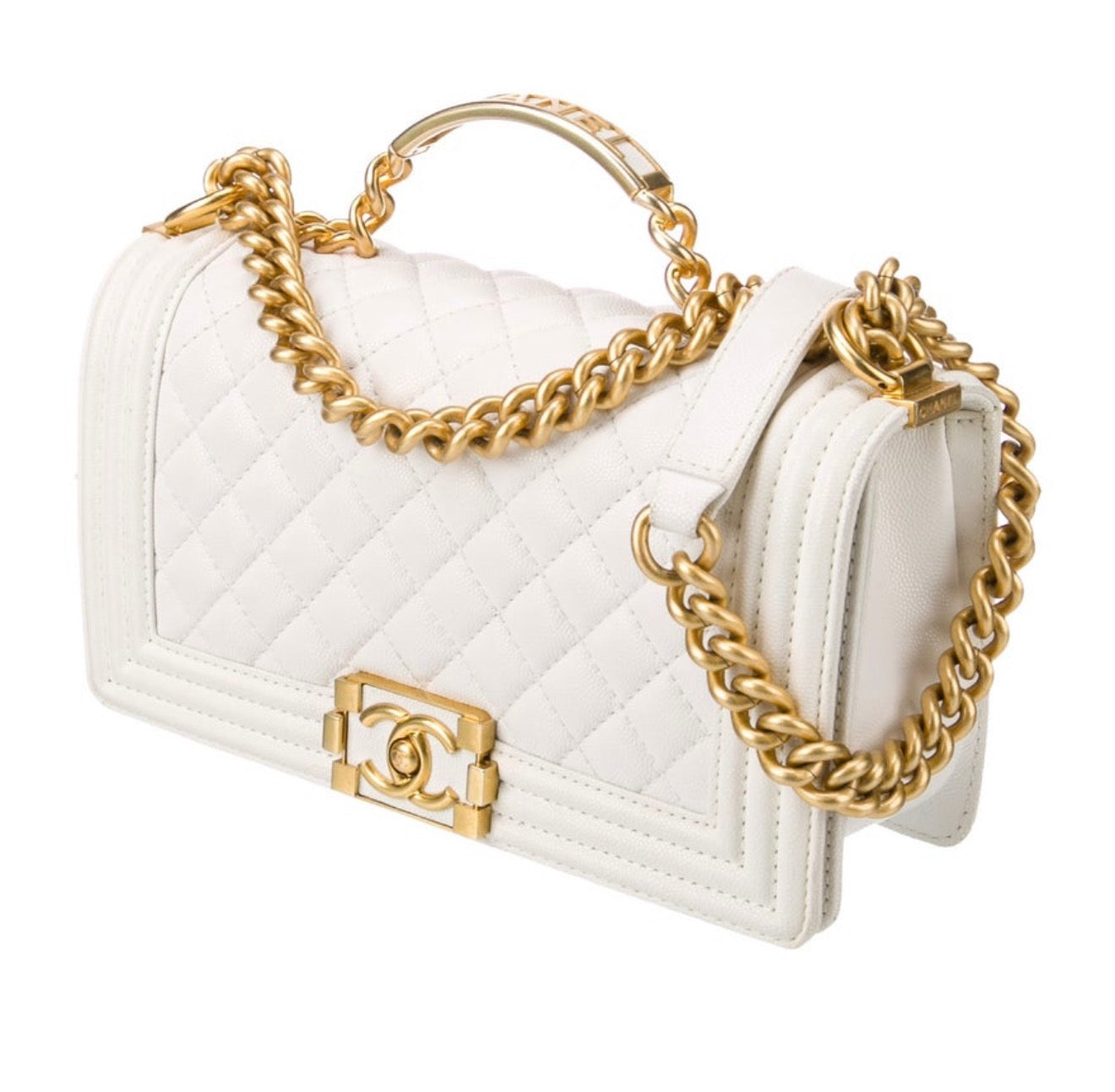 Chanel White Quilted Lambskin Leather CC Chain Top Handle Mini Flap Bag
