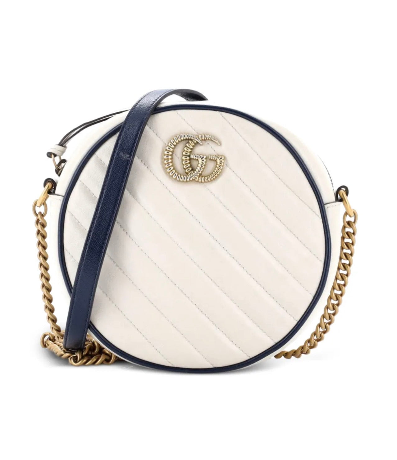 GUCCI GG Marmont Round Shoulder Bag Diagonal Quilted in white Leather Mini crossbody bag.