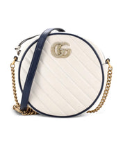 GUCCI GG Marmont Round Shoulder Bag Diagonal Quilted in white Leather Mini crossbody bag.