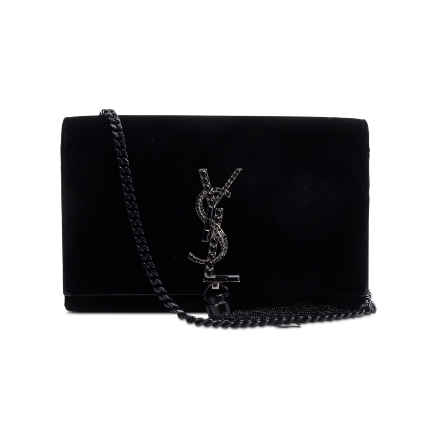 SAINT LAURENT YSL Black Velvet Crystal Small Kate Tassel Bag