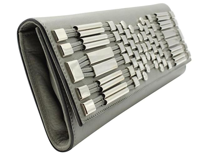 GUCCI Metal Embellished Broadway Clutch in Grey Leather