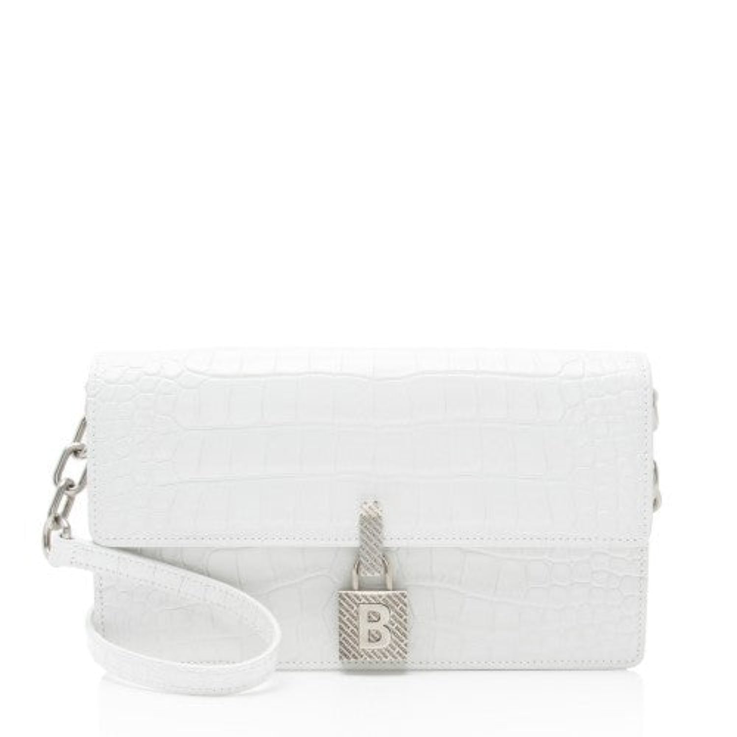 BALENCIAGA Croc Embossed Calfskin Lock Medium Shoulder Bag White