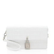 BALENCIAGA Croc Embossed Calfskin Lock Medium Shoulder Bag White
