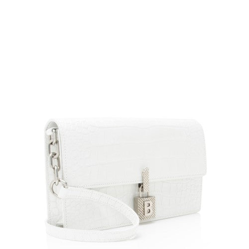 BALENCIAGA Croc Embossed Calfskin Lock Medium Shoulder Bag White