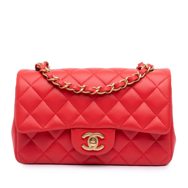 CHANEL MINI SQUARE CLASSIC FLAP BAG RED LAMBSKIN GOLD HARDWARE