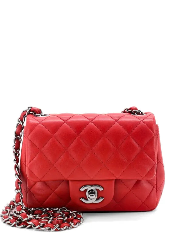 CHANEL MINI SQUARE CLASSIC FLAP BAG RED LAMBSKIN GOLD HARDWARE
