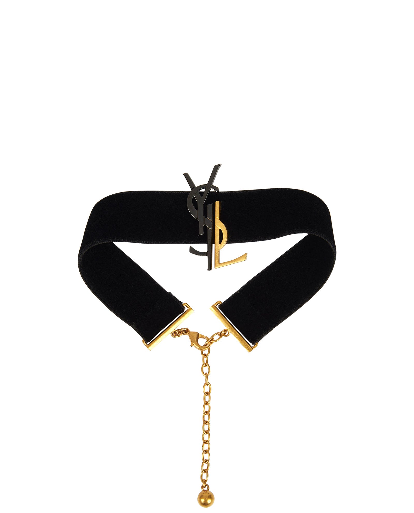 SAINT LAURENT YSL MONOGRAM VELVET CHOCKER. BLACK & GOLG HARDWARE
