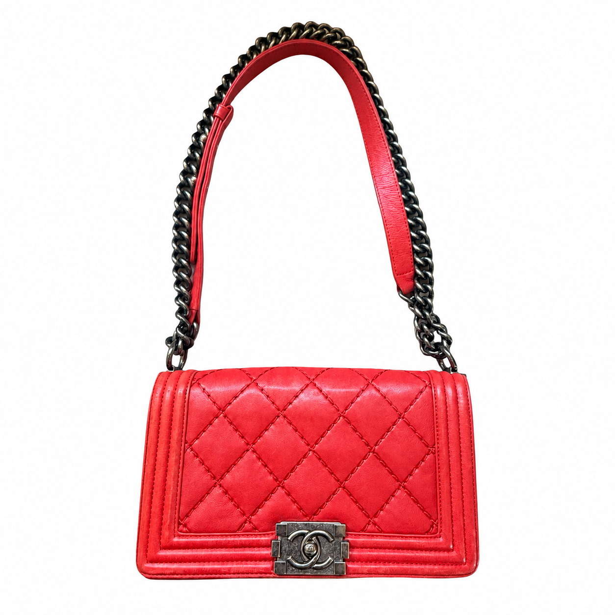 CHANEL Boy Flap Medium Bag – Red Quilted Lambskin with Ruthenium Hardware