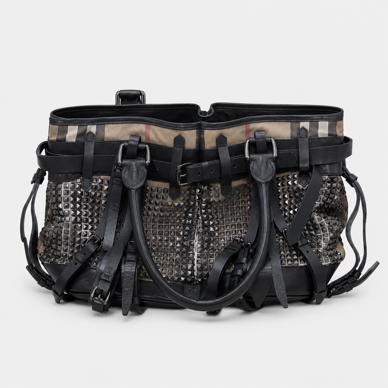 Burberry Prorsum Studded Nova Check Buckle Tote Bag – Black Leather & Canvas