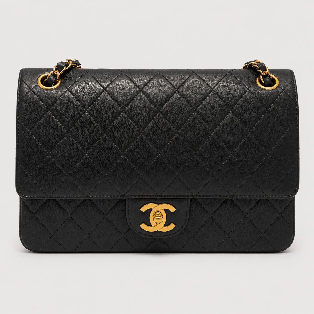 CHANEL MATELASSE TURN LOCK DOUBLE FLAP BLK ON BLCK GOLD HARDWARE