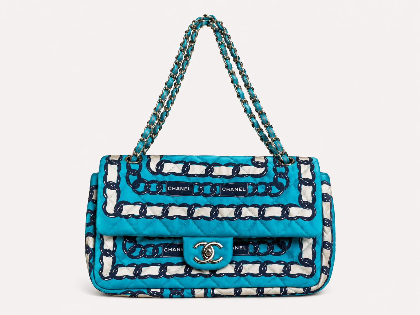 CHANEL Chain Print Quilted Satin Flap Shoulder Bag – Turquoise Blue