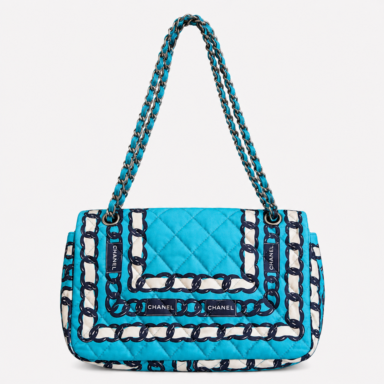 CHANEL Chain Print Quilted Satin Flap Shoulder Bag – Turquoise Blue