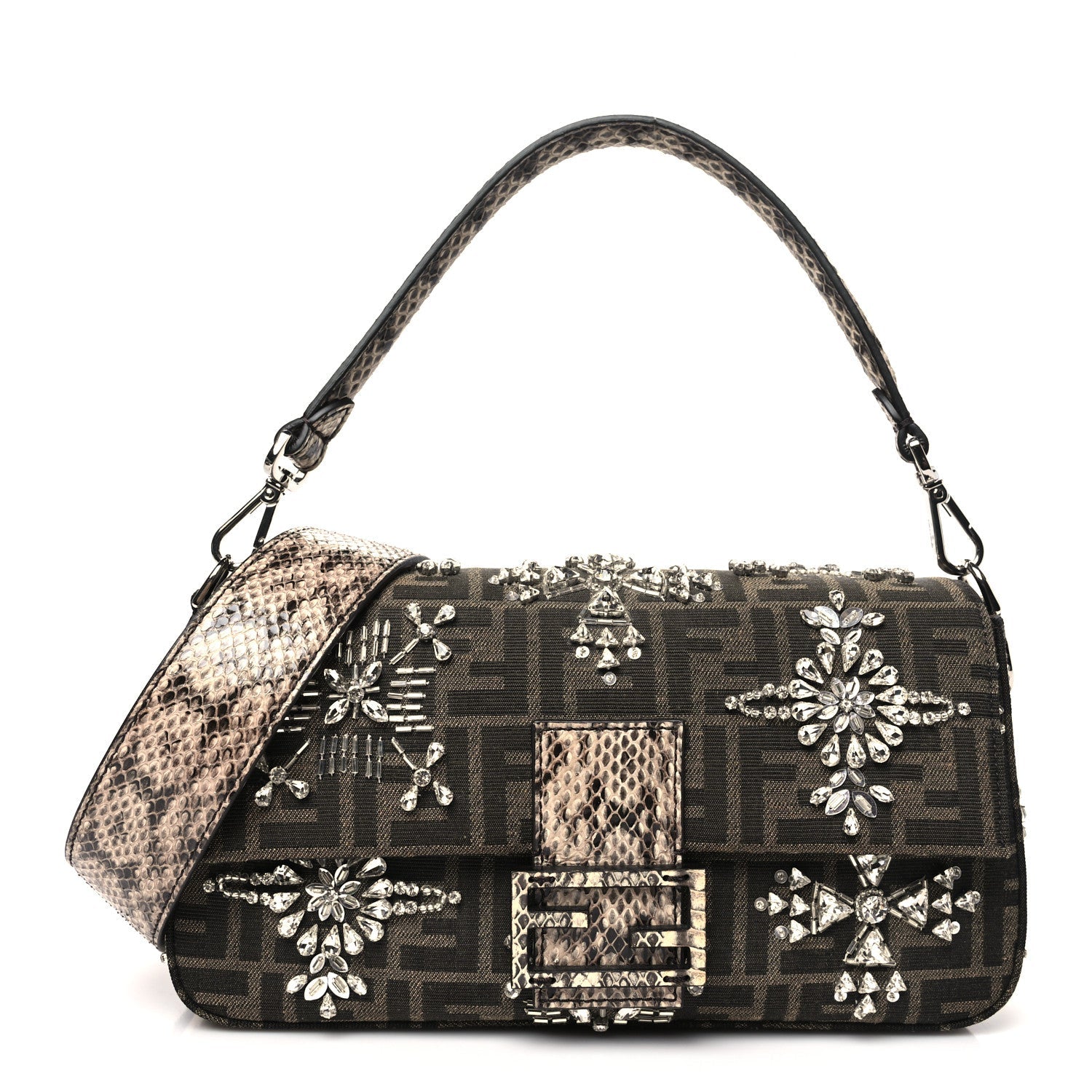 FENDI 1974 CRYSTAL EMBELLISHED BAGUETTE, ZUCCA CANVAS WITH PYTHON LEATHER TRIM AND STRAP