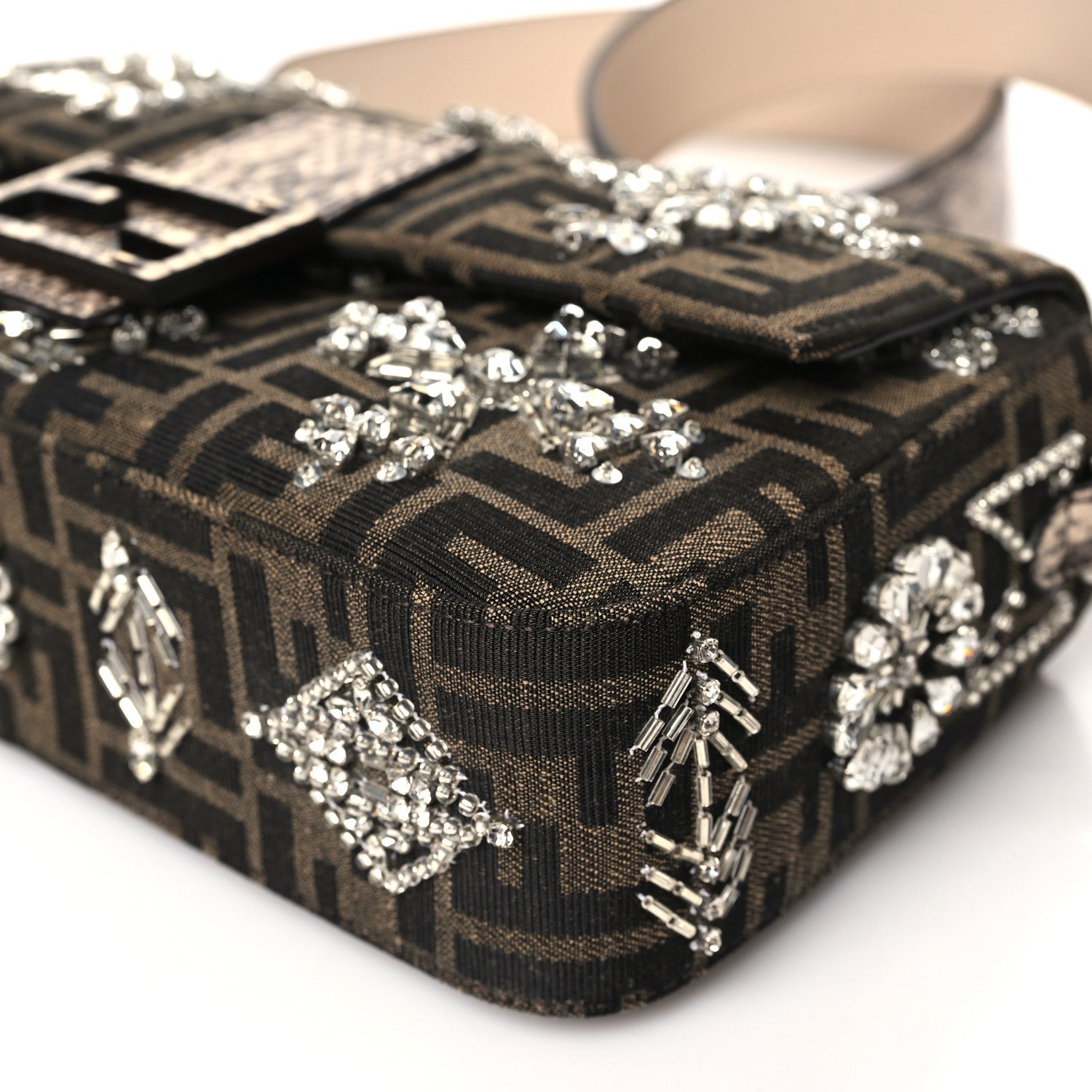 FENDI 1974 CRYSTAL EMBELLISHED BAGUETTE, ZUCCA CANVAS WITH PYTHON LEATHER TRIM AND STRAP
