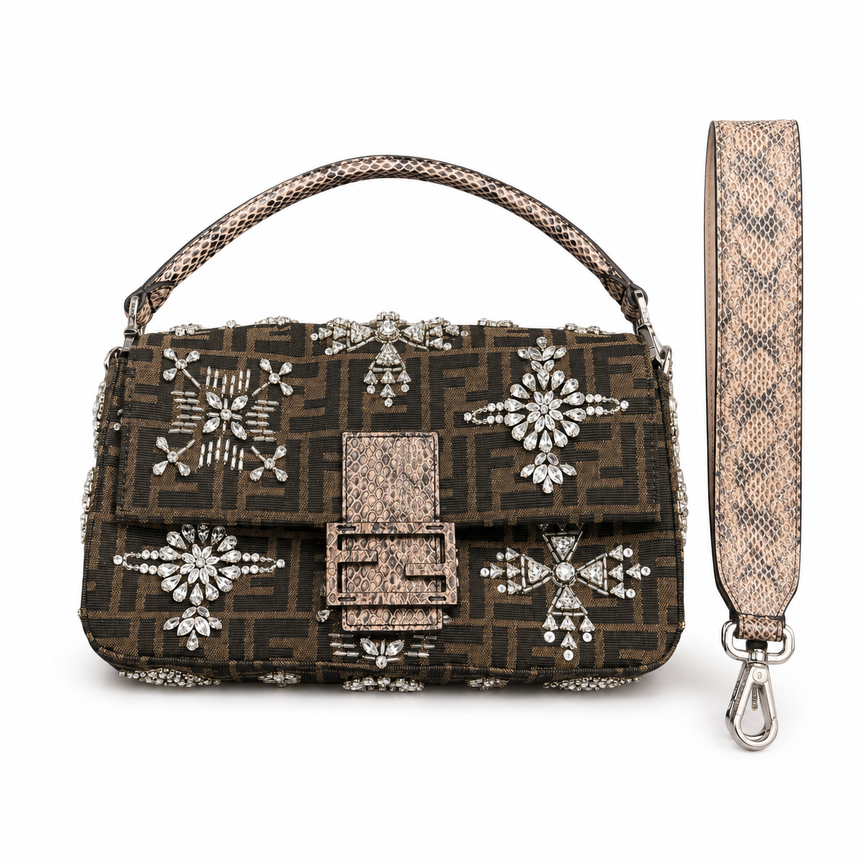 FENDI 1974 CRYSTAL EMBELLISHED BAGUETTE, ZUCCA CANVAS WITH PYTHON LEATHER TRIM AND STRAP