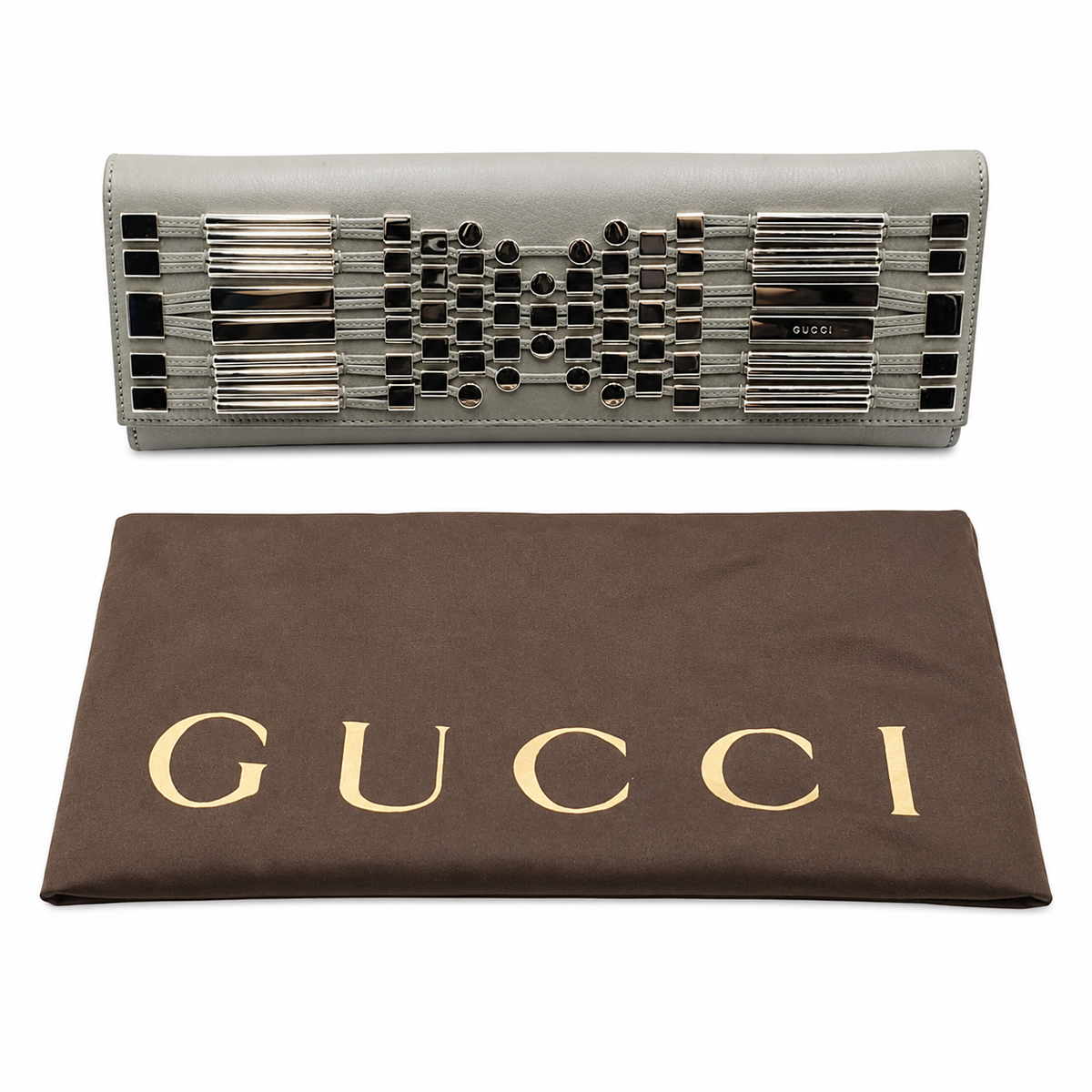 GUCCI Metal Embellished Broadway Clutch in Grey Leather