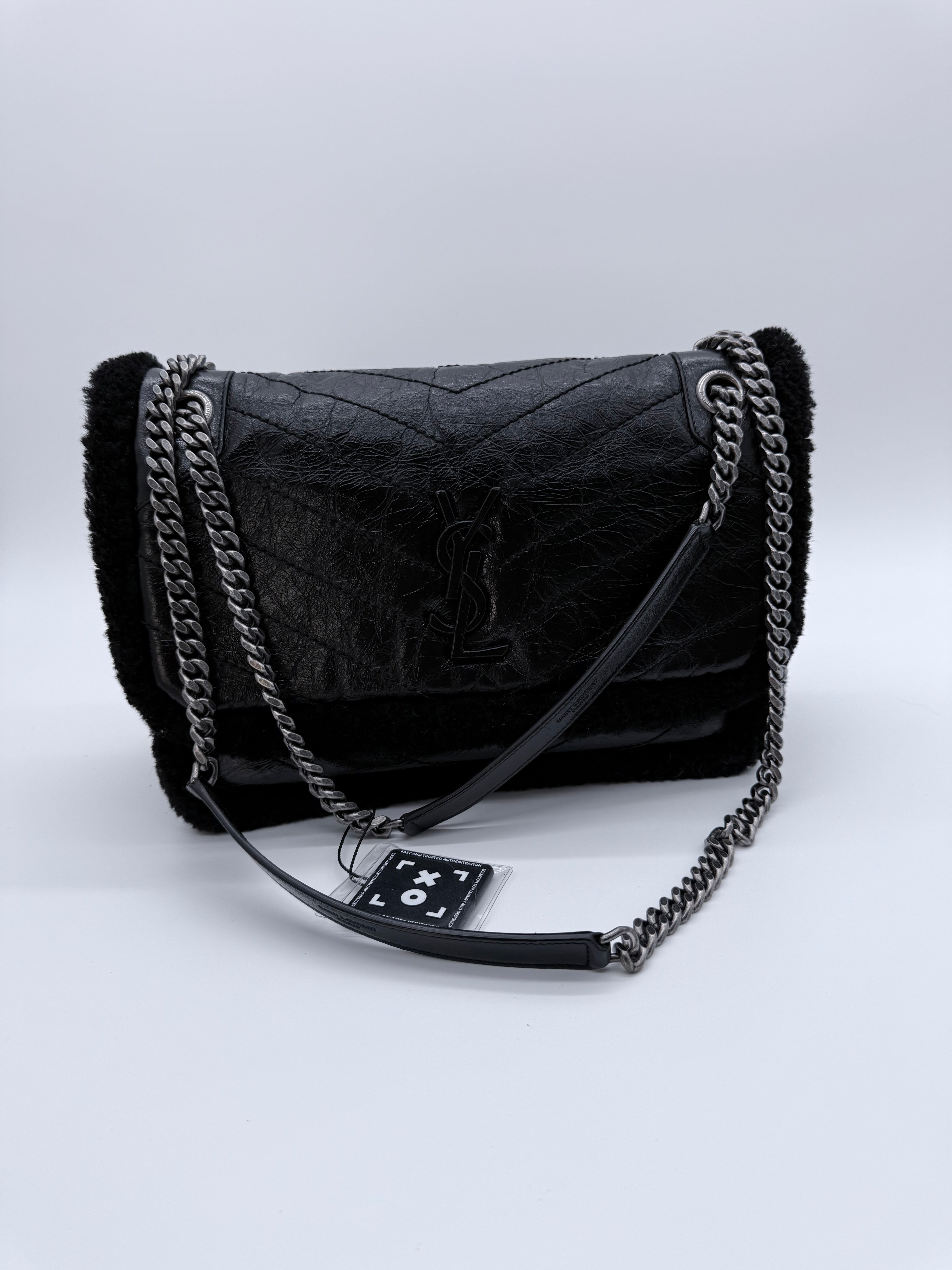 YSL SAINT LAURENT Black Shearling Calfskin Medium Niki Bag