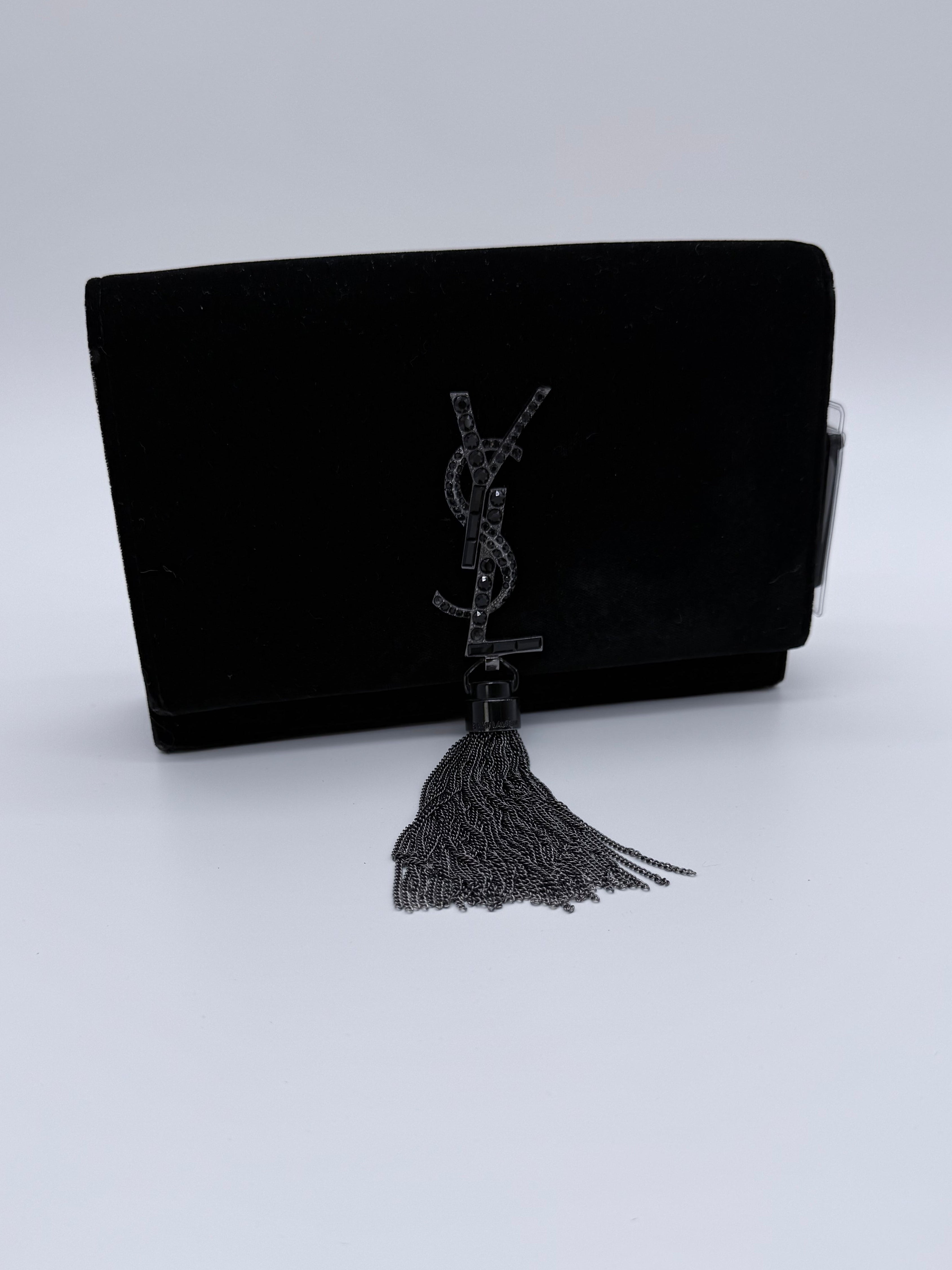 SAINT LAURENT YSL Black Velvet Crystal Small Kate Tassel Bag