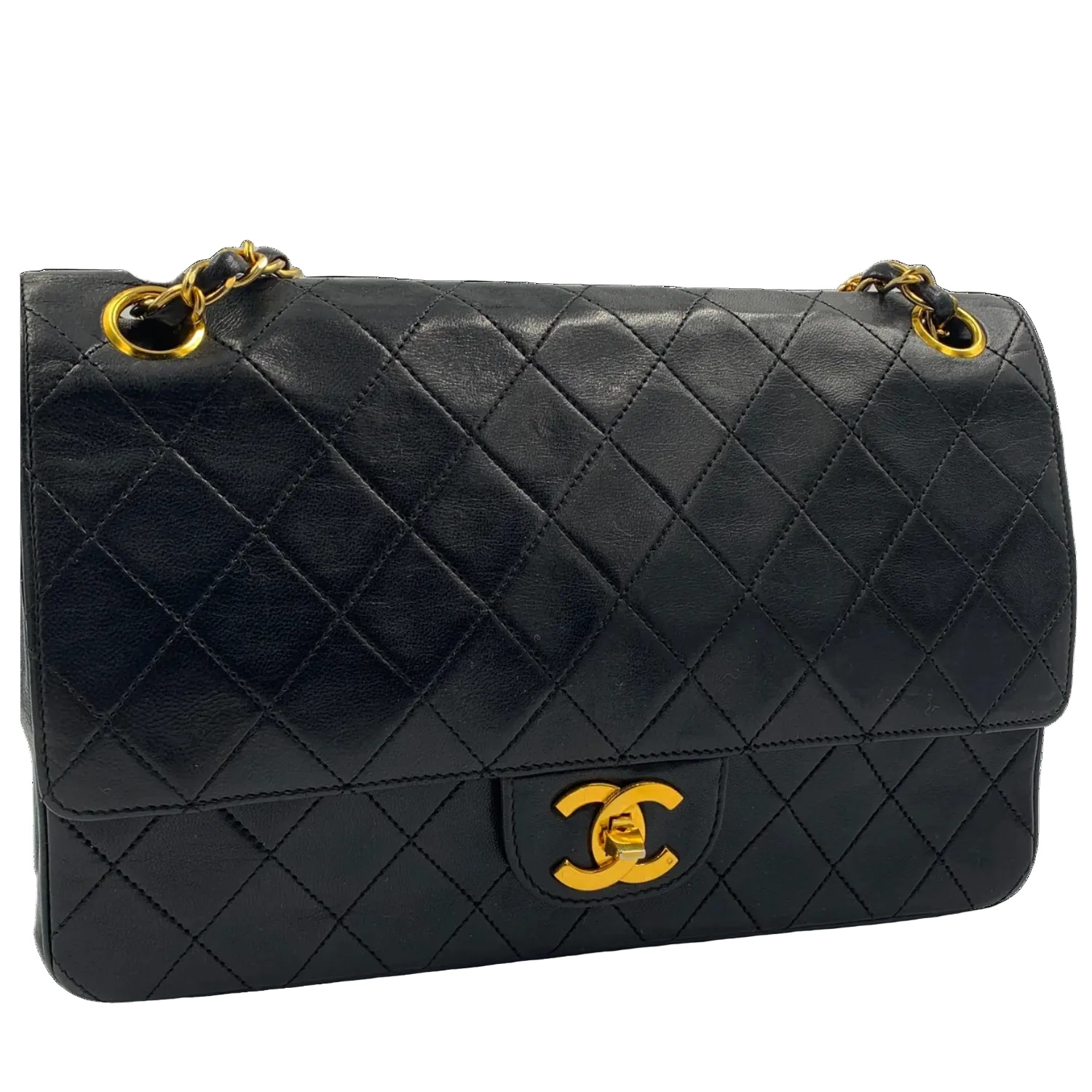 CHANEL MATELASSE TURN LOCK DOUBLE FLAP BLK ON BLCK GOLD HARDWARE